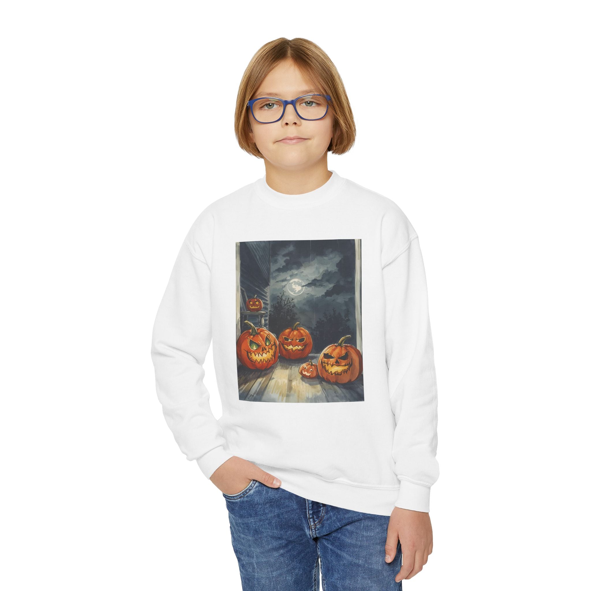 Halloween Pumpkin  Youth Crewneck Sweatshirt, Cozy Fall Sweatshirt, Kids Halloween Apparel, Pumpkin Sweatshirt, Spooky Season Top