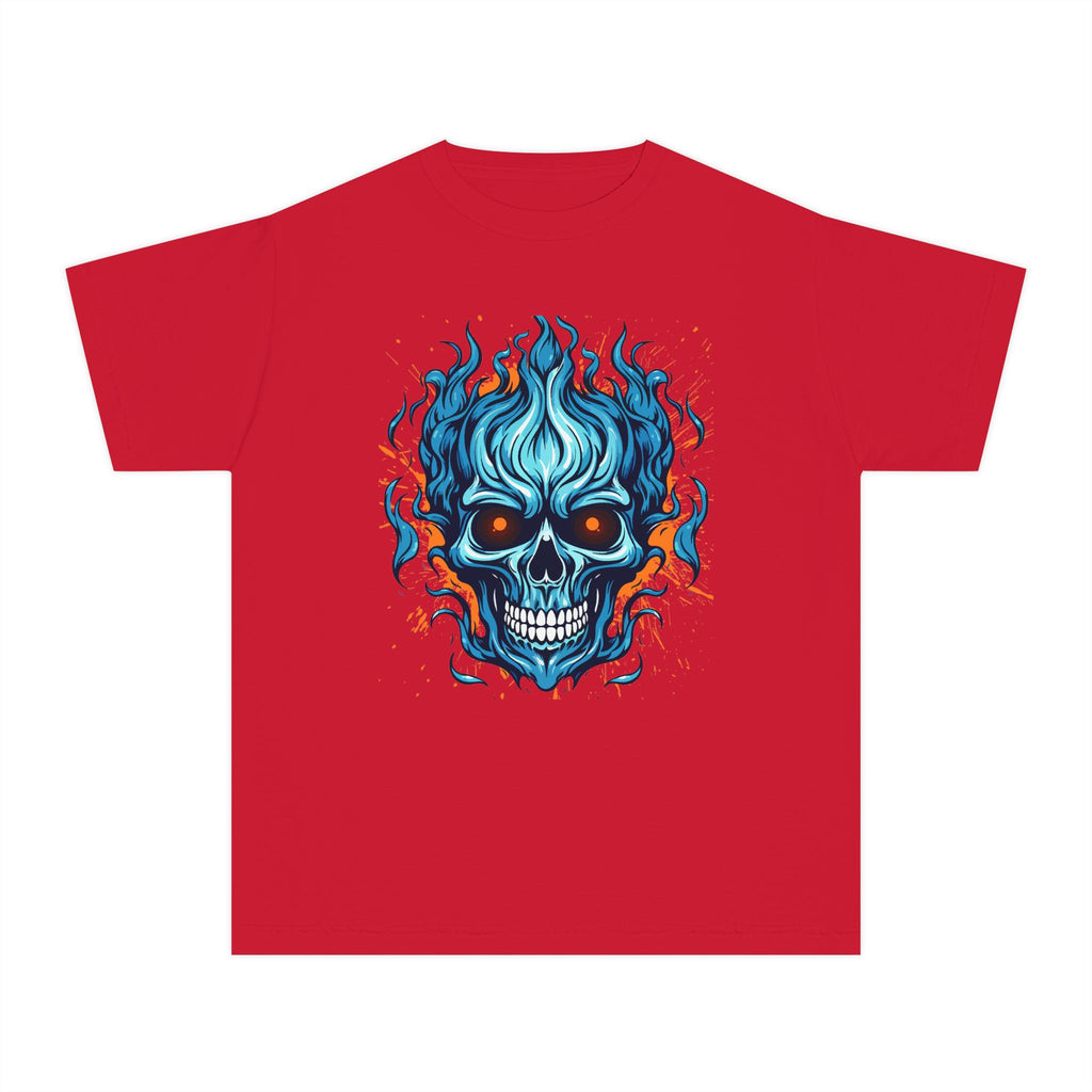 Skull Flame Youth Graphic Skull Tee, Cool Teen Fashion, Edgy Summer Wear, Halloween Costume, Unique Gift for Kids, Casual Everyday Style