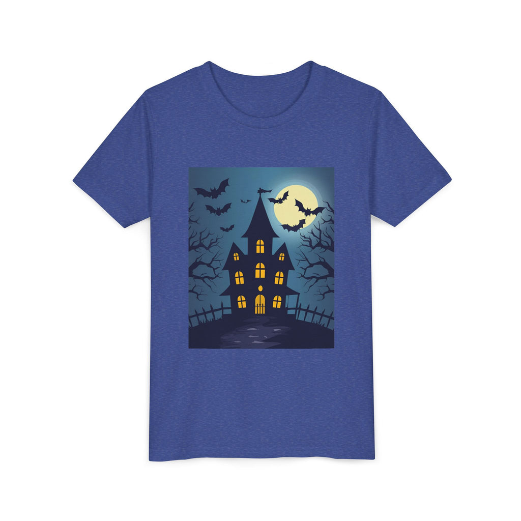 Spooky Halloween Haunted House Youth Tee, Kids Ghost T-Shirt, Haunted House Apparel, Bat Design Shirt, Trick or Treat Clothing