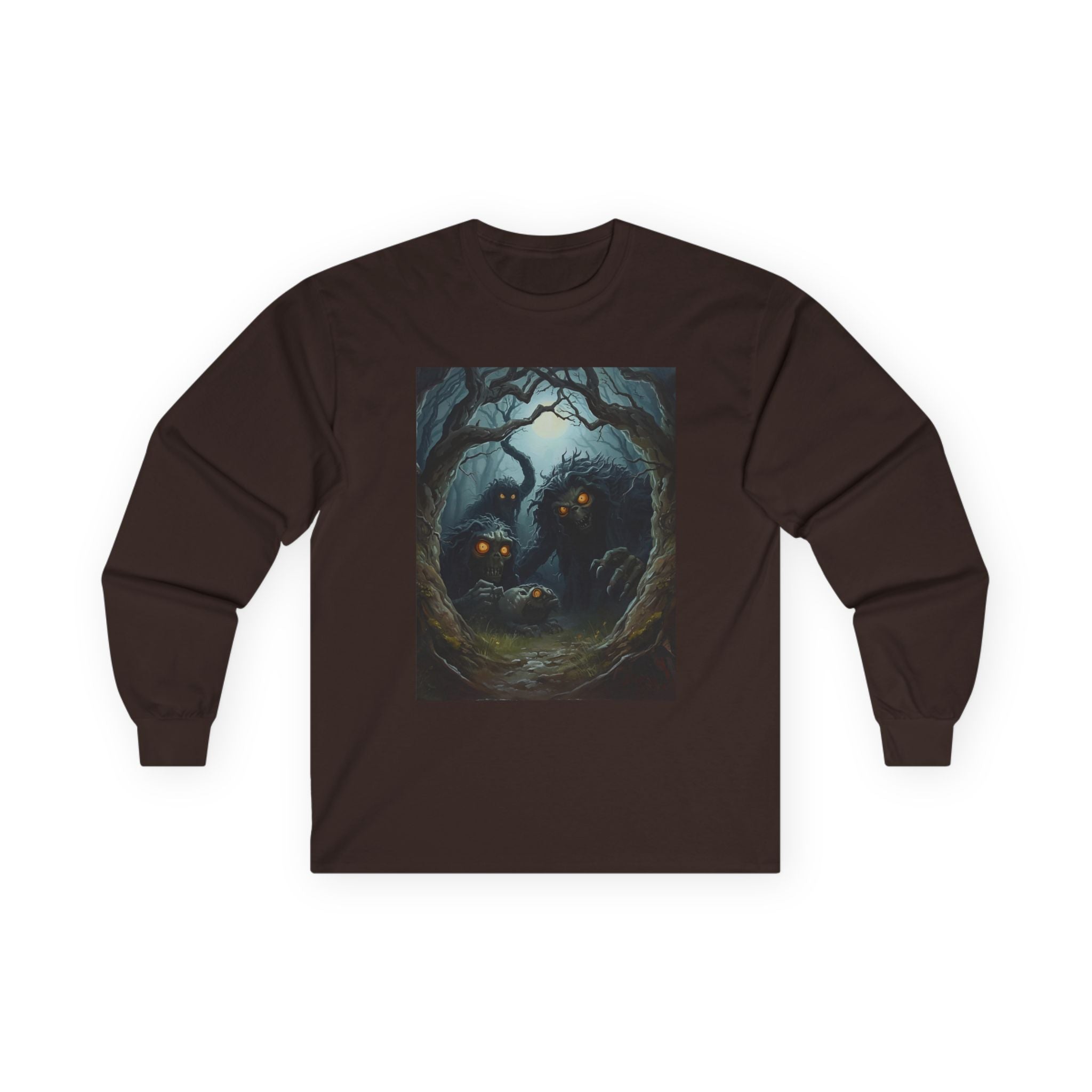 Spooky Mystical Forest Long Sleeve Tee - Cozy Unisex Shirt, Fall Fashion, Nature Lover Gift, Halloween Apparel, Unique Art Tee