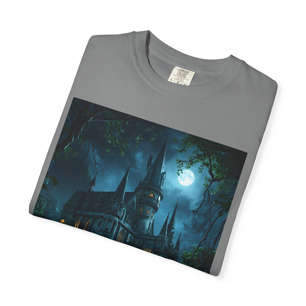 Mystical Night Scene Castle T-Shirt, Spooky Tees, Halloween Apparel, Gothic Style Shirt, Unisex Shirt, Nighttime Scene Tee