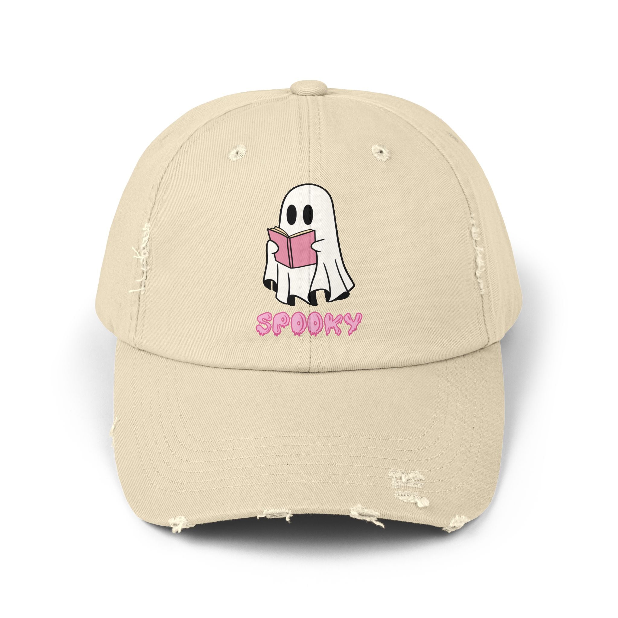 Spooky Ghost Reading Distressed Cap, Halloween Hat, Cute Adjustable Cap, Casual Everyday Wear, Trendy Fashion Accessory