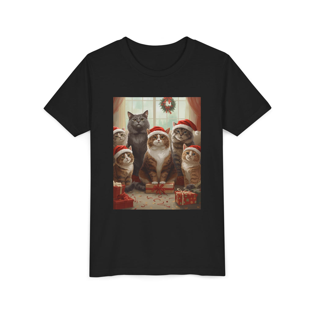 Cute Festive Christmas Cat Youth Short Sleeve Tee