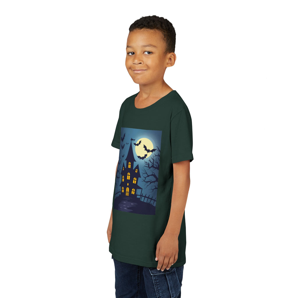 Spooky Halloween Haunted House Youth Tee, Kids Ghost T-Shirt, Haunted House Apparel, Bat Design Shirt, Trick or Treat Clothing