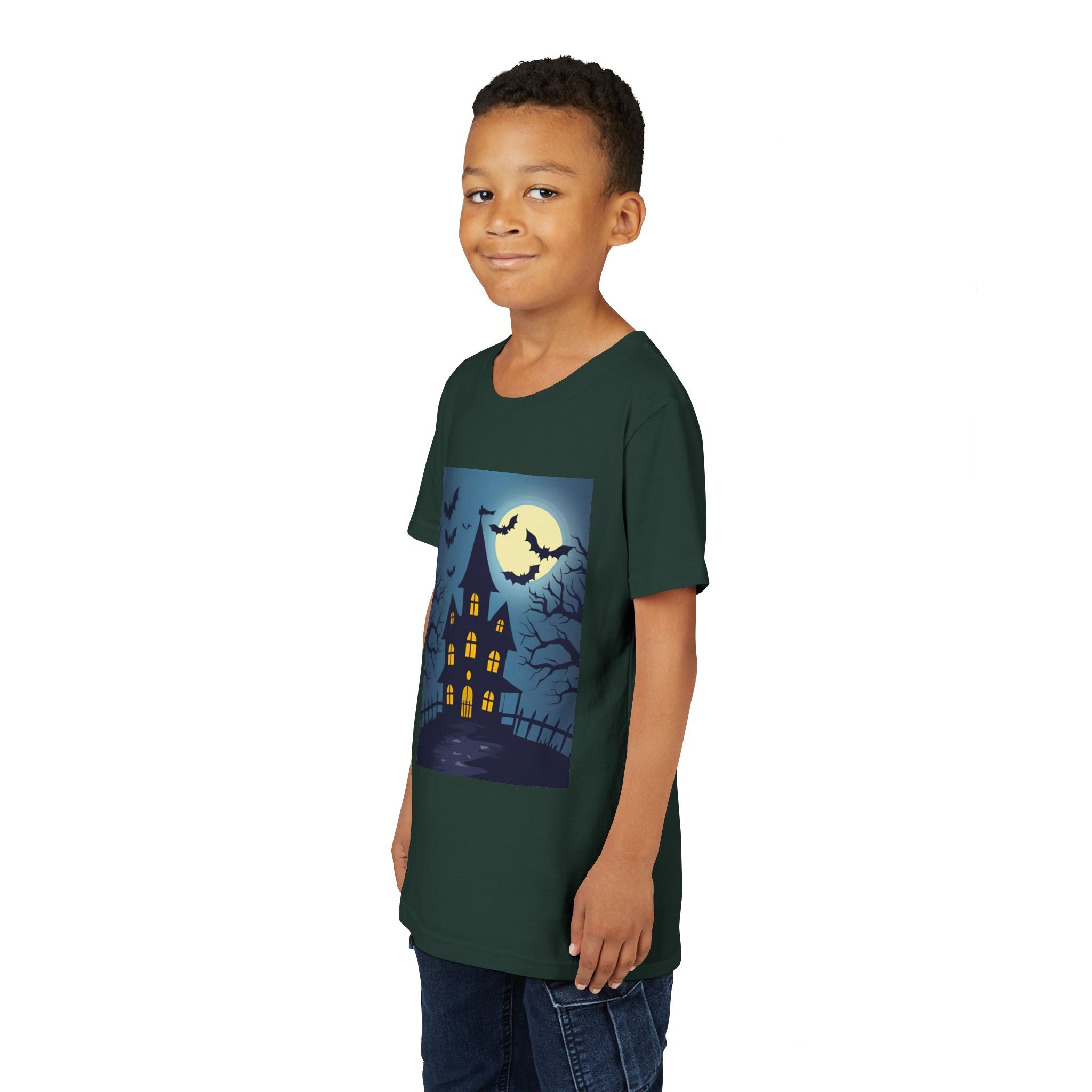 Spooky Halloween Haunted House Youth Tee, Kids Ghost T-Shirt, Haunted House Apparel, Bat Design Shirt, Trick or Treat Clothing
