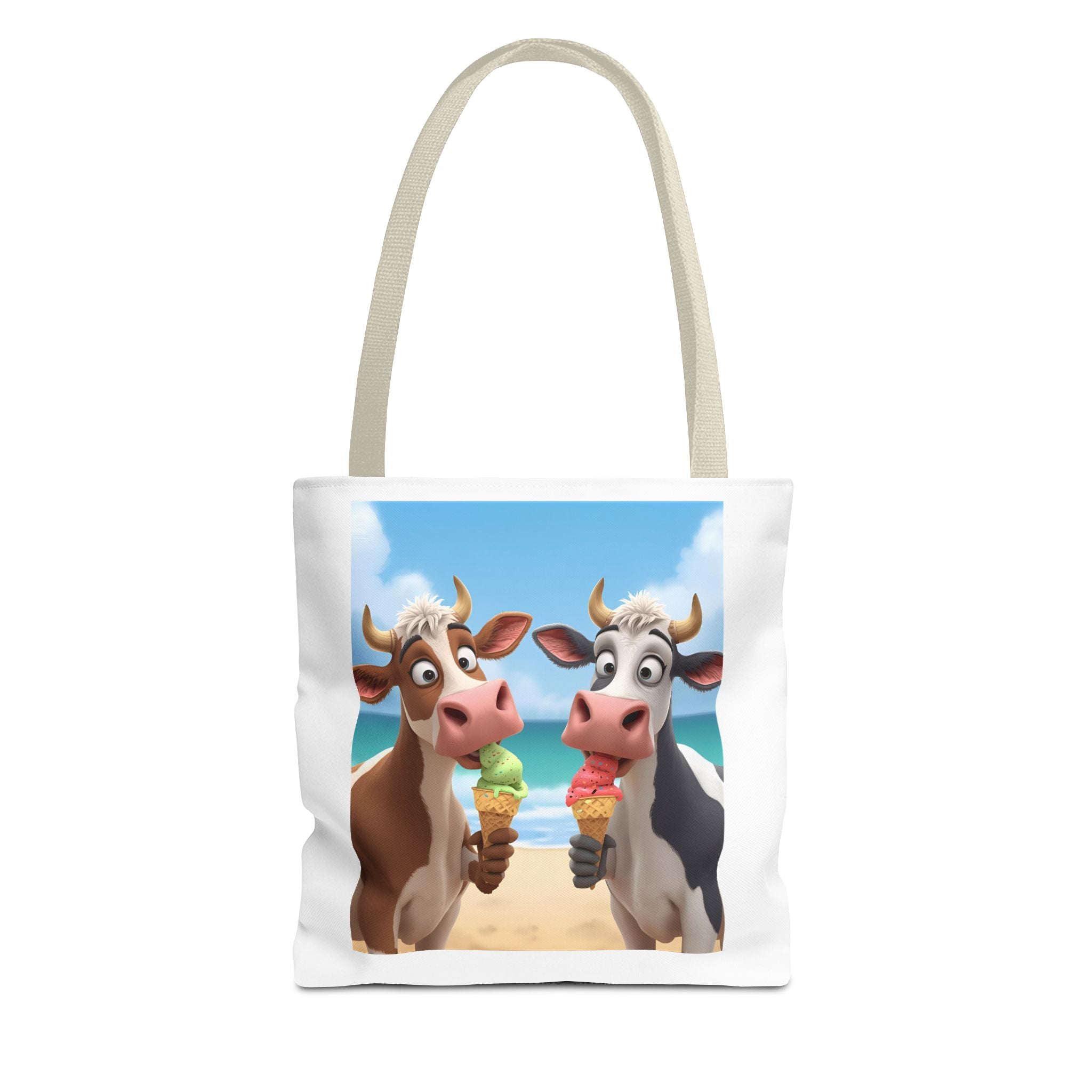 Fun Cartoon Cow Tote Bag for Ice Cream Lovers, Cute Beach Bag, Animal Lover Gift, Summer Accessory, AOP Design