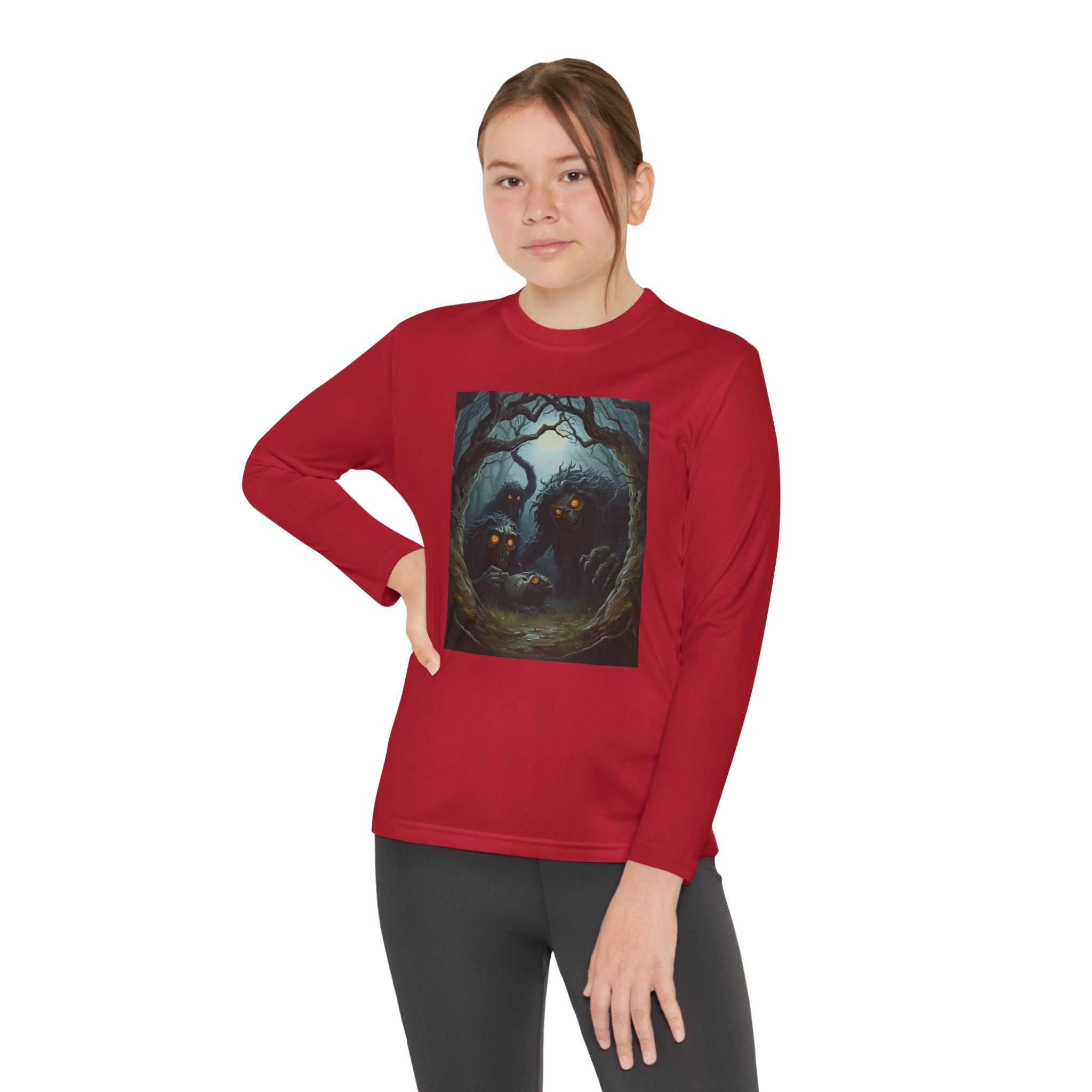 Spooky Forest Creatures Youth Long Sleeve Tee with Enchanted Forest Design, Comfortable Unisex T-Shirt for All Seasons, Perfect for Halloween and Nature Lovers
