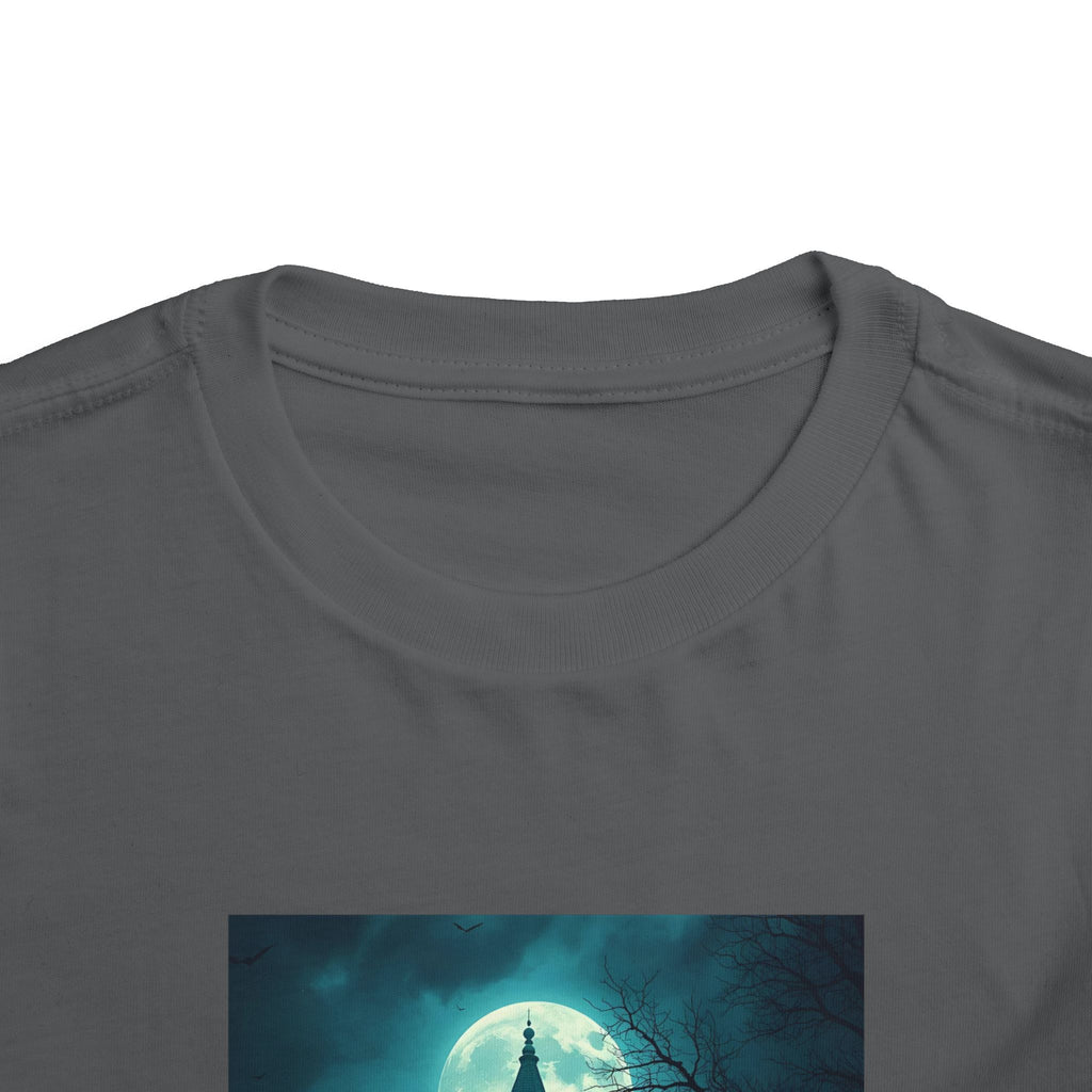 Haunted Moonlight Toddler Halloween Short Sleeve Tee, Ghostly Castle Shirt, Spooky Toddler Tee, Kids Halloween Costume Top, Fall Festivity Apparel