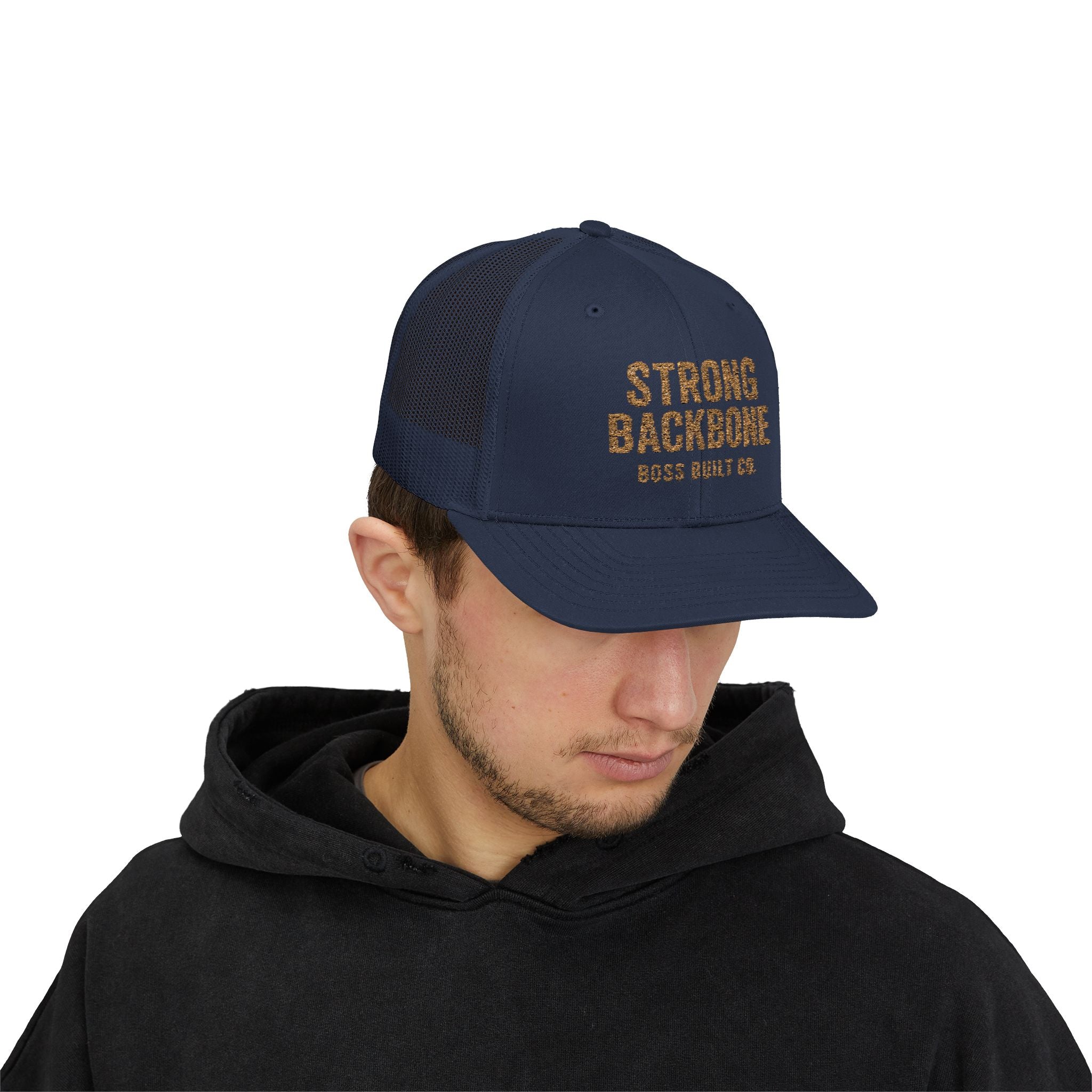 Boss Built Co Strong Backbone Trucker Cap — Motivational Snapback Hat