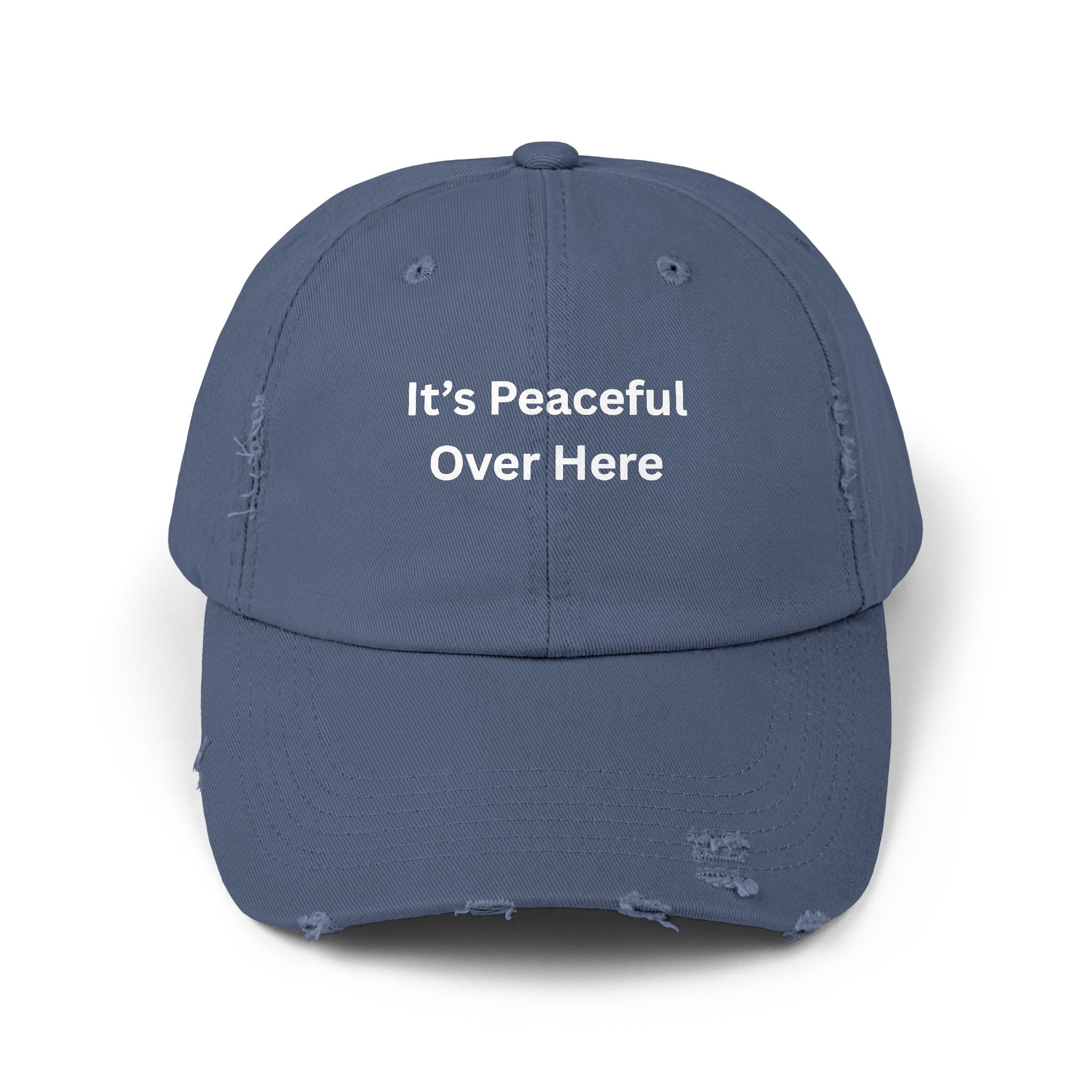 Unisex Distressed Cap with "It's Peaceful Over Here" - Casual Everyday Hat, Relaxation Gift, Trendy Accessory, Outdoor Wear, Fashion [...]