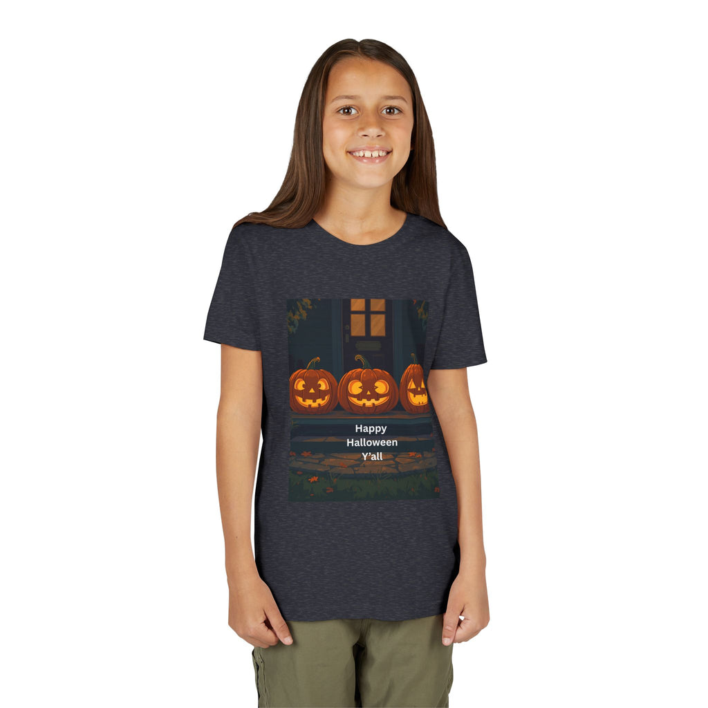 Halloween Pumpkin Youth Tee, Jack-o'-lantern Shirt, Trick or Treat Apparel, Spooky Kids T-Shirt, Halloween Costume Top