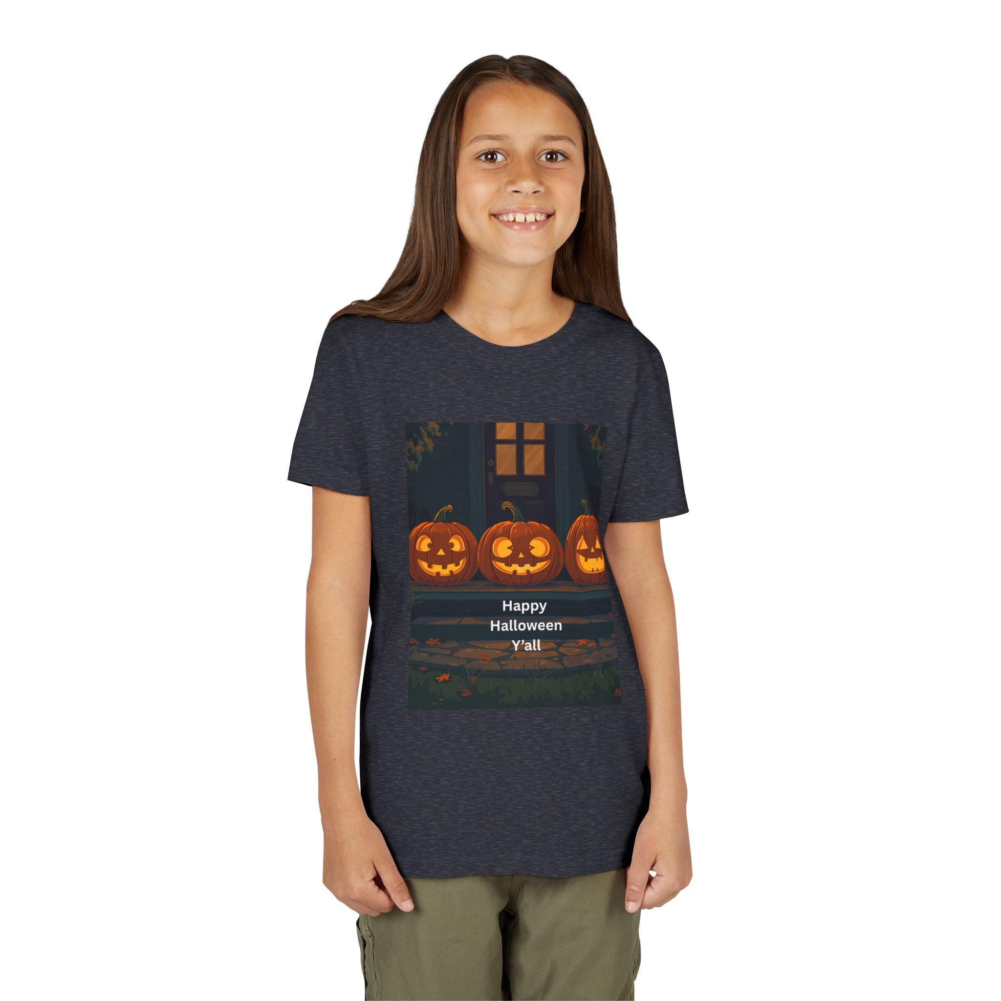 Halloween Pumpkin Youth Tee, Jack-o'-lantern Shirt, Trick or Treat Apparel, Spooky Kids T-Shirt, Halloween Costume Top