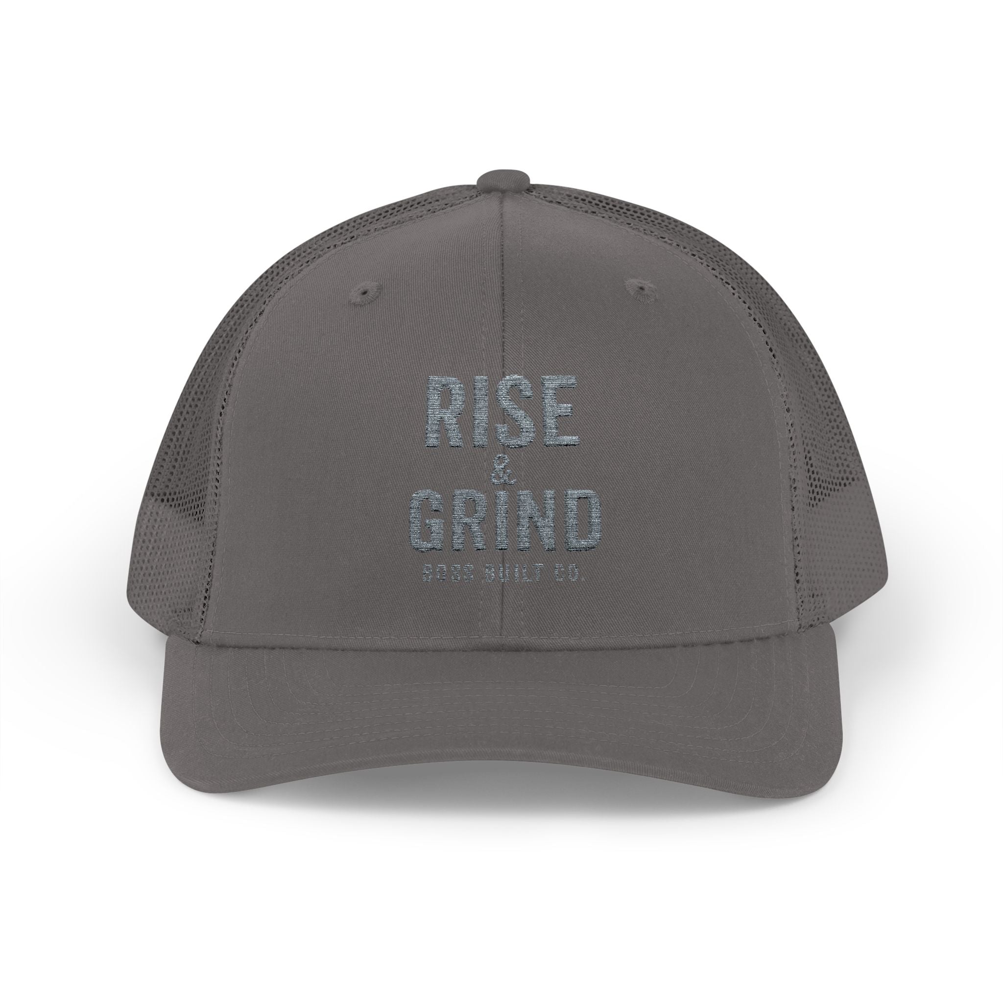 Boss Built Co Rise & Grind Snapback Trucker Cap — Motivational Embroidered Hat