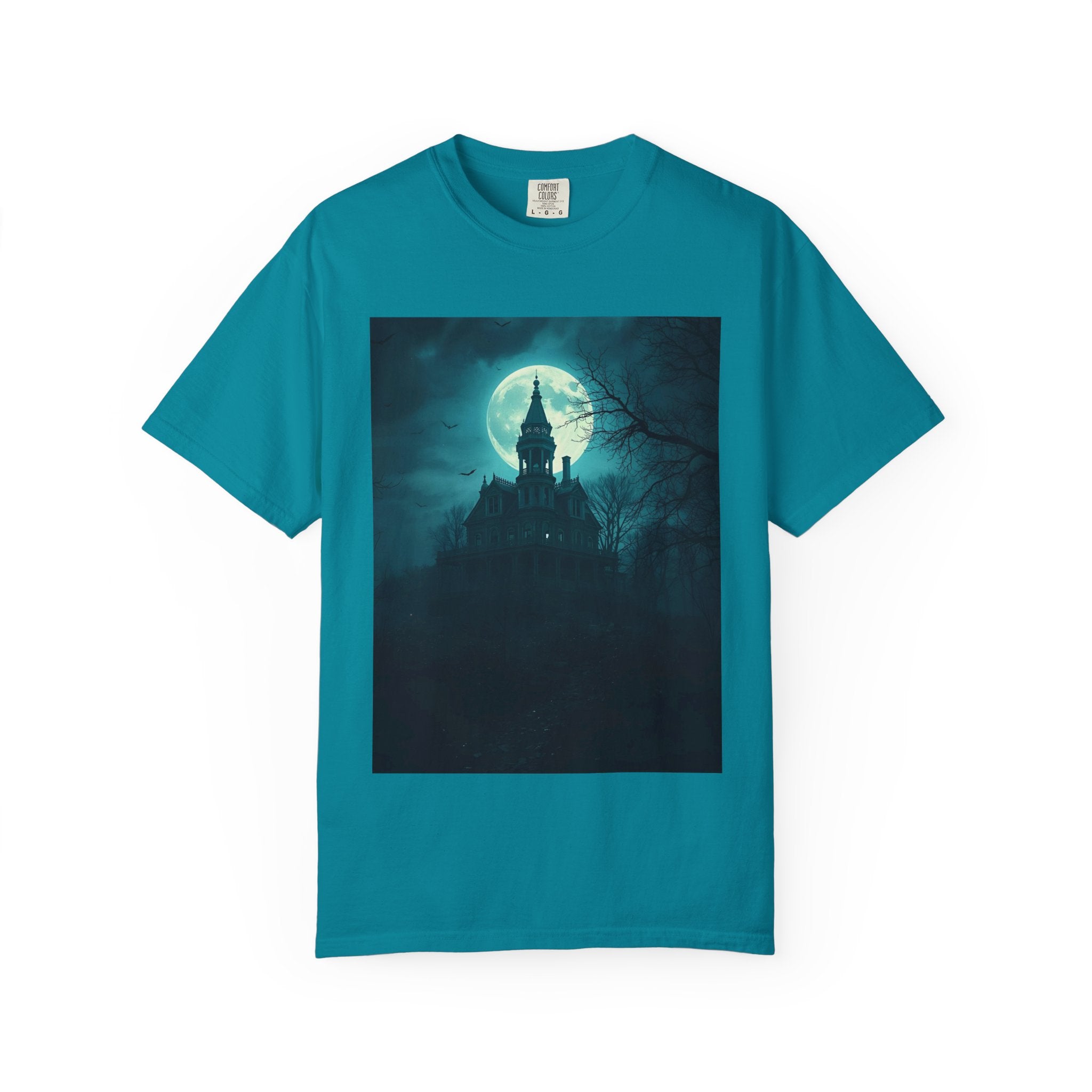 Haunted Moonlight Spooky Castle Graphic Tee | Unisex Garment-Dyed T-shirt, Halloween Shirt, Graphic Tee, Casual Wear, Gift for Ghost Lovers