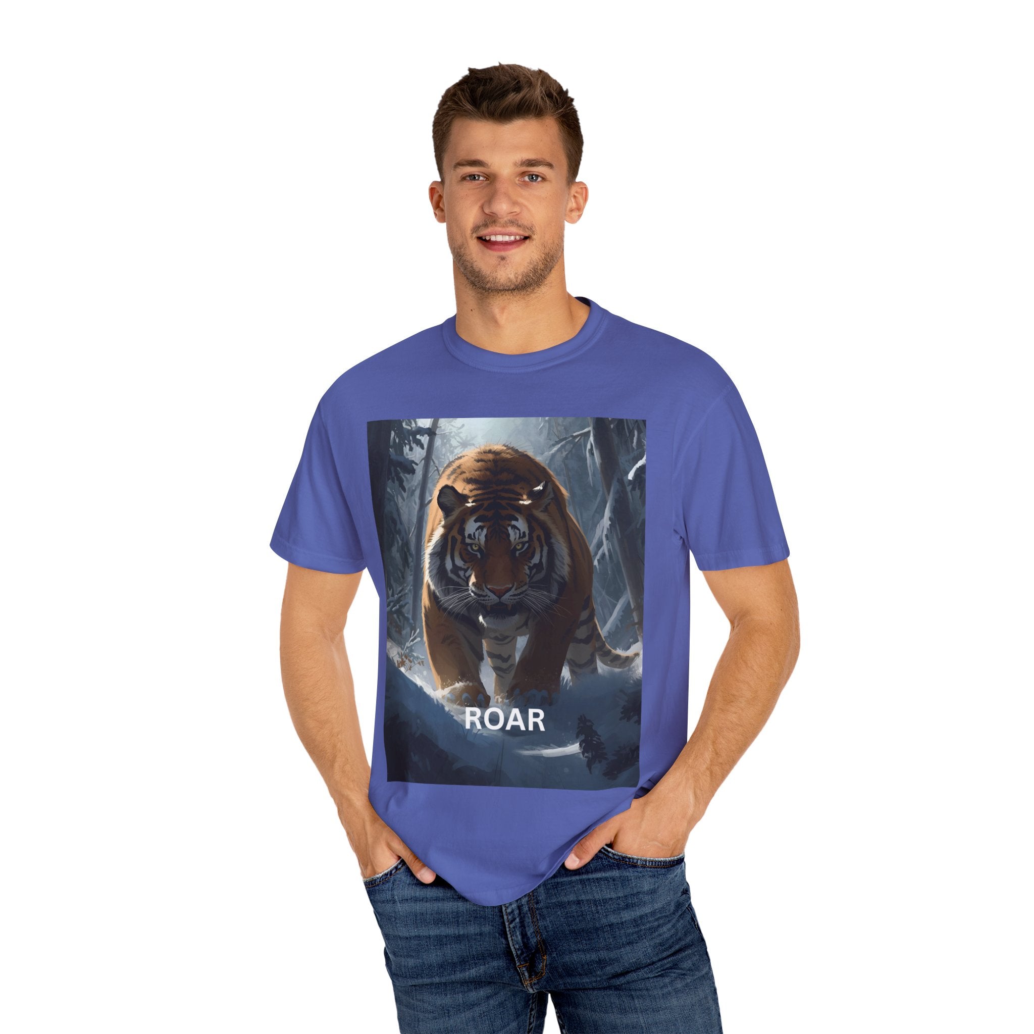 Fierce Tiger Roar Snow Graphic Tee, Eco-Friendly T-Shirt for Animal Lovers, Adventure Apparel, Gift for Wildlife Enthusiasts, Casual Wear