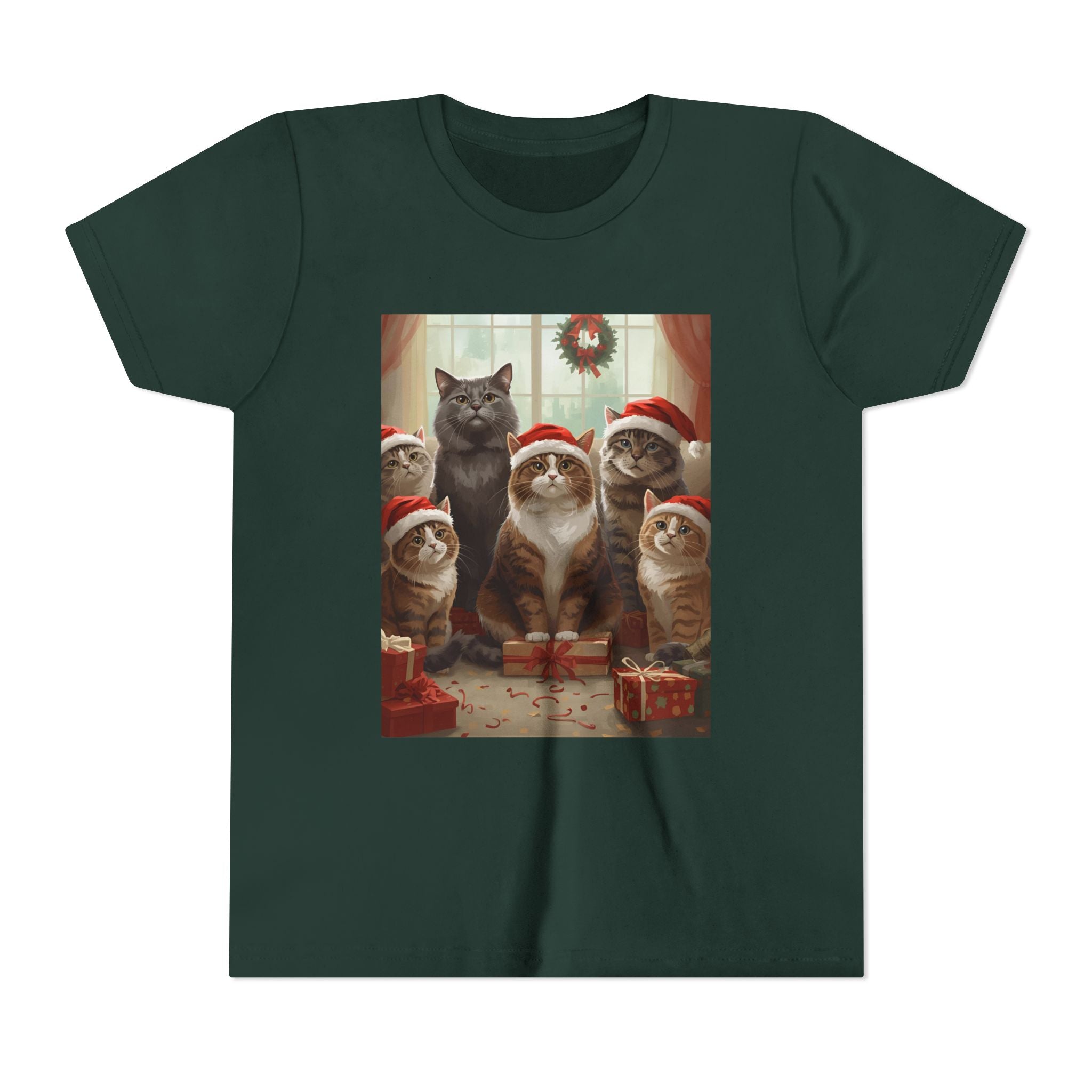 Cute Festive Christmas Cat Youth Short Sleeve Tee