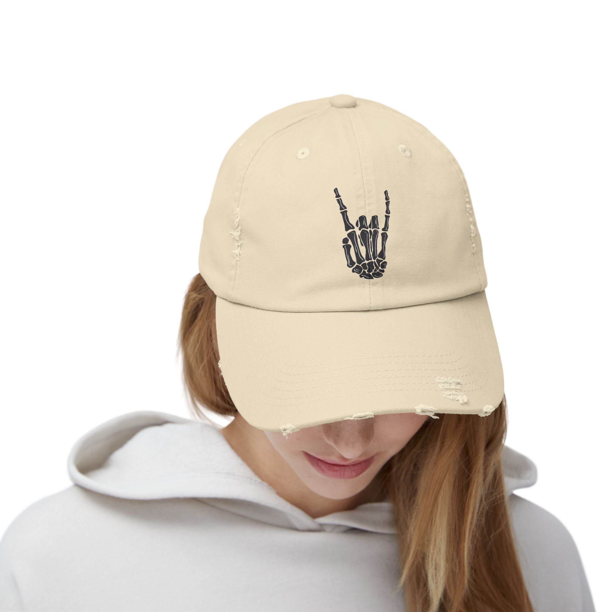 Distressed Cap with Rock Hand Design, Casual Hat for Music Lovers, Stylish Accessory, Gift for Concert Goers, Trendy Fashion Item