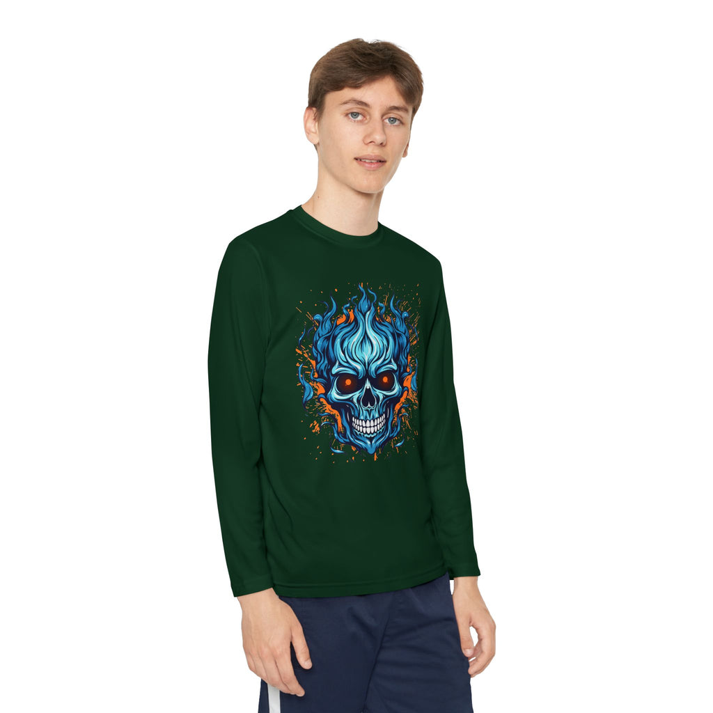 Skull Flame Youth Long Sleeve Skull Tee, Perfect for Halloween, Edgy Gift for Teens, Cozy Casual Wear, Skull Art Graphic Tee, Unique Birthday Present