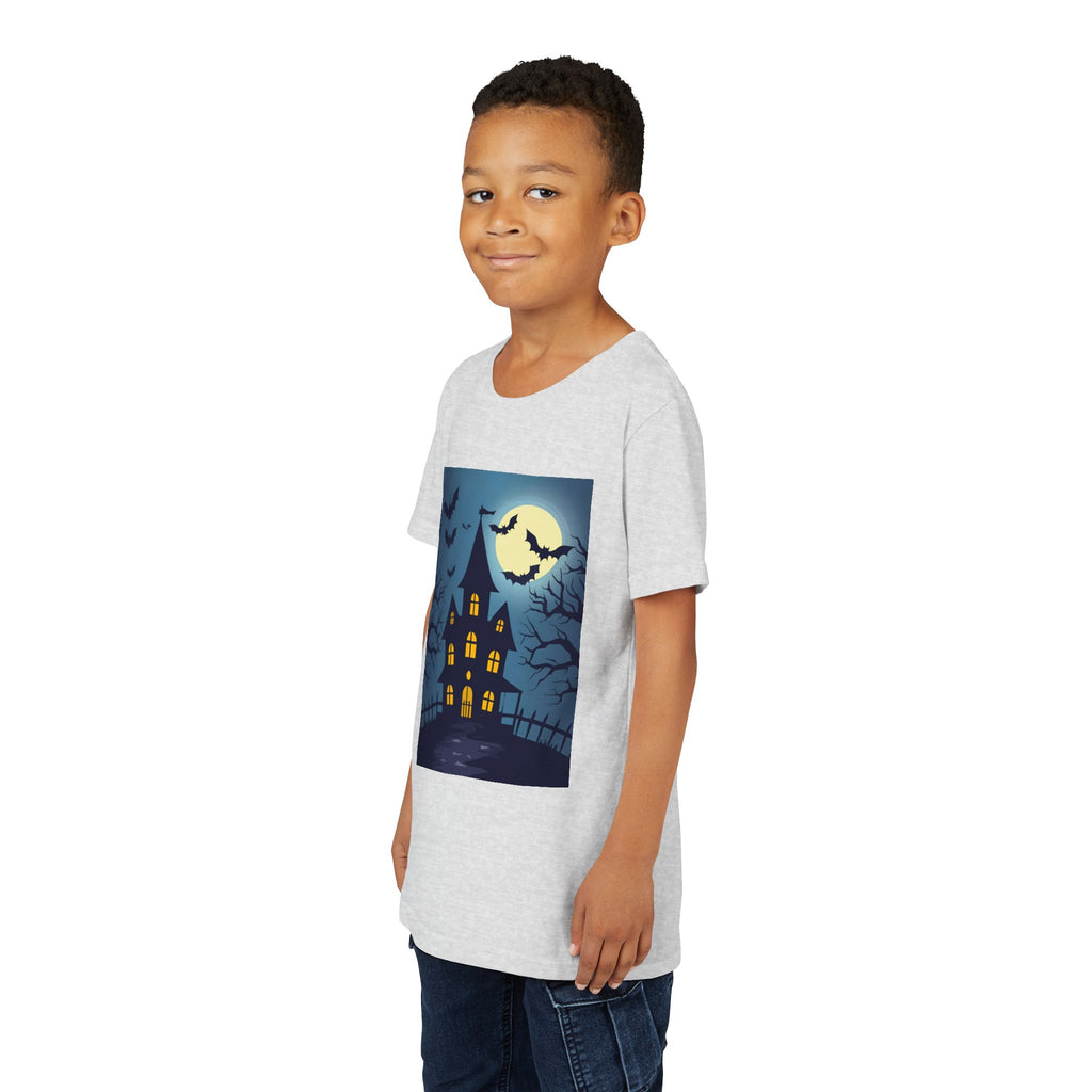 Spooky Halloween Haunted House Youth Tee, Kids Ghost T-Shirt, Haunted House Apparel, Bat Design Shirt, Trick or Treat Clothing