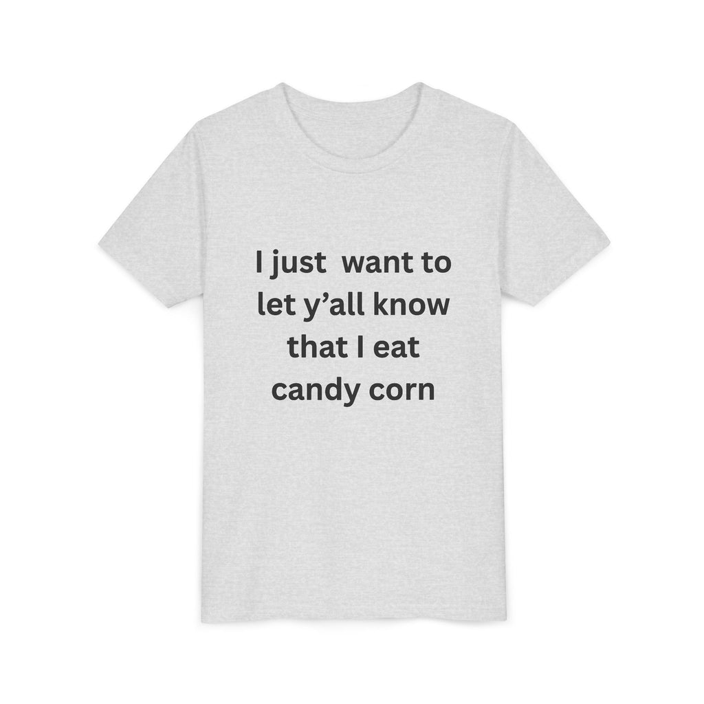I Eat Candy Corn Youth Candy Corn Tee, Fun Halloween Shirt, Cute Short Sleeve Tee, Youth Graphic Top, Fall Celebration Apparel, Trick or Treat Shirt