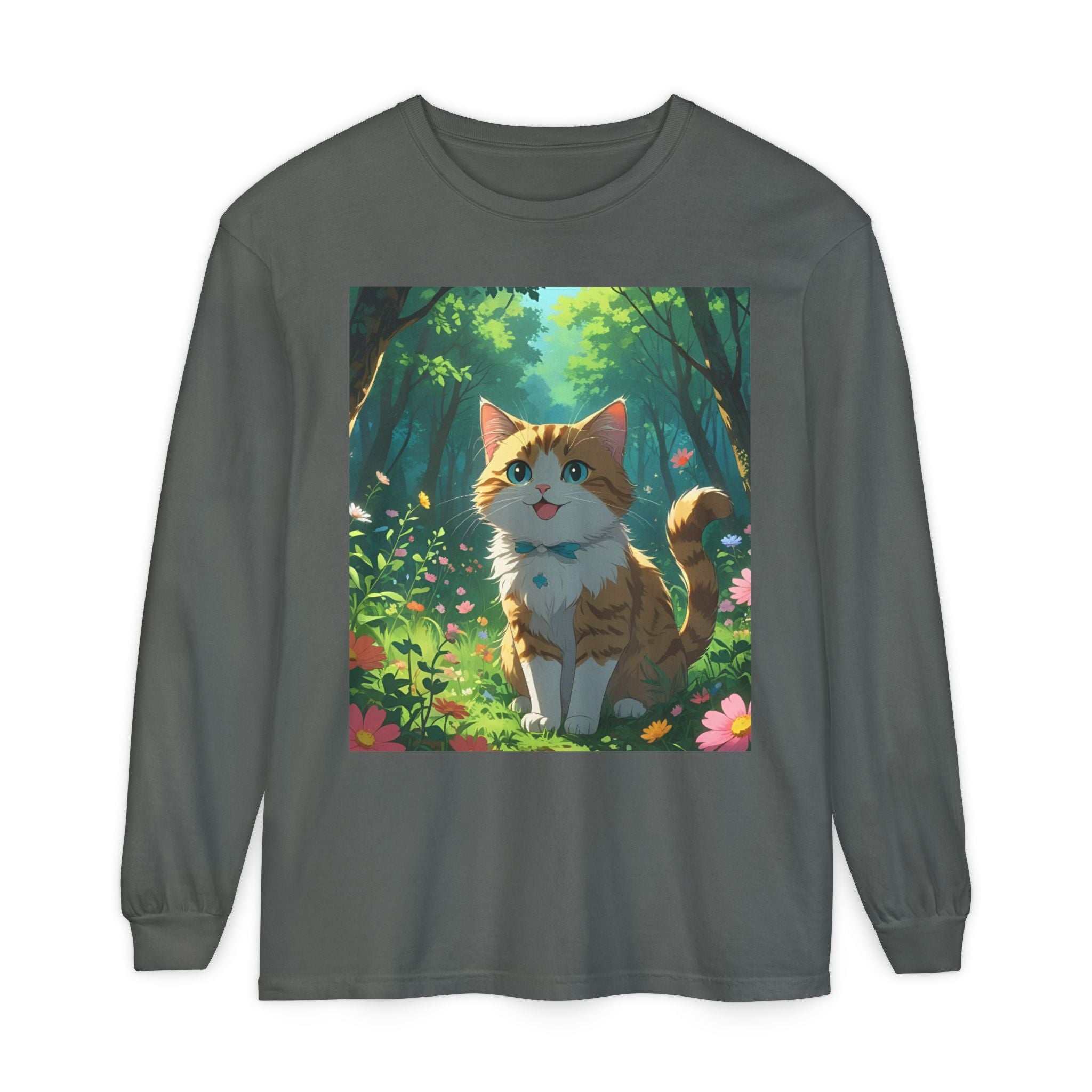Whimsical Cat In Forest Long Sleeve T-Shirt - Perfect for Cat Lovers, Nature Enthusiasts, Gifts, Cozy Wear, Everyday Style