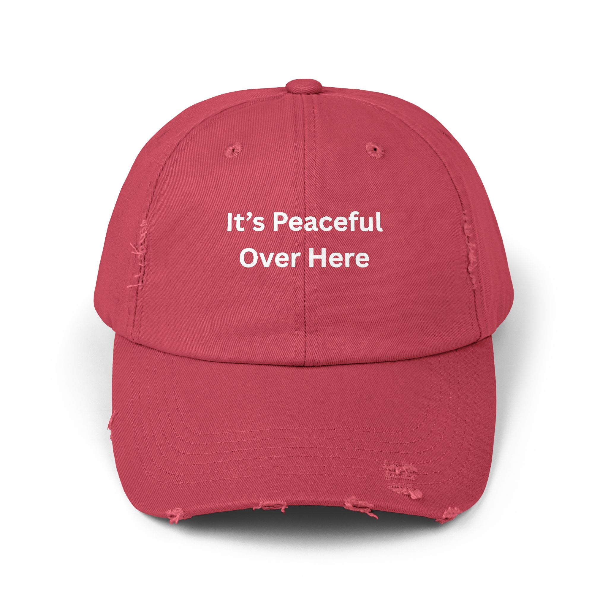 Unisex Distressed Cap with "It's Peaceful Over Here" - Casual Everyday Hat, Relaxation Gift, Trendy Accessory, Outdoor Wear, Fashion [...]