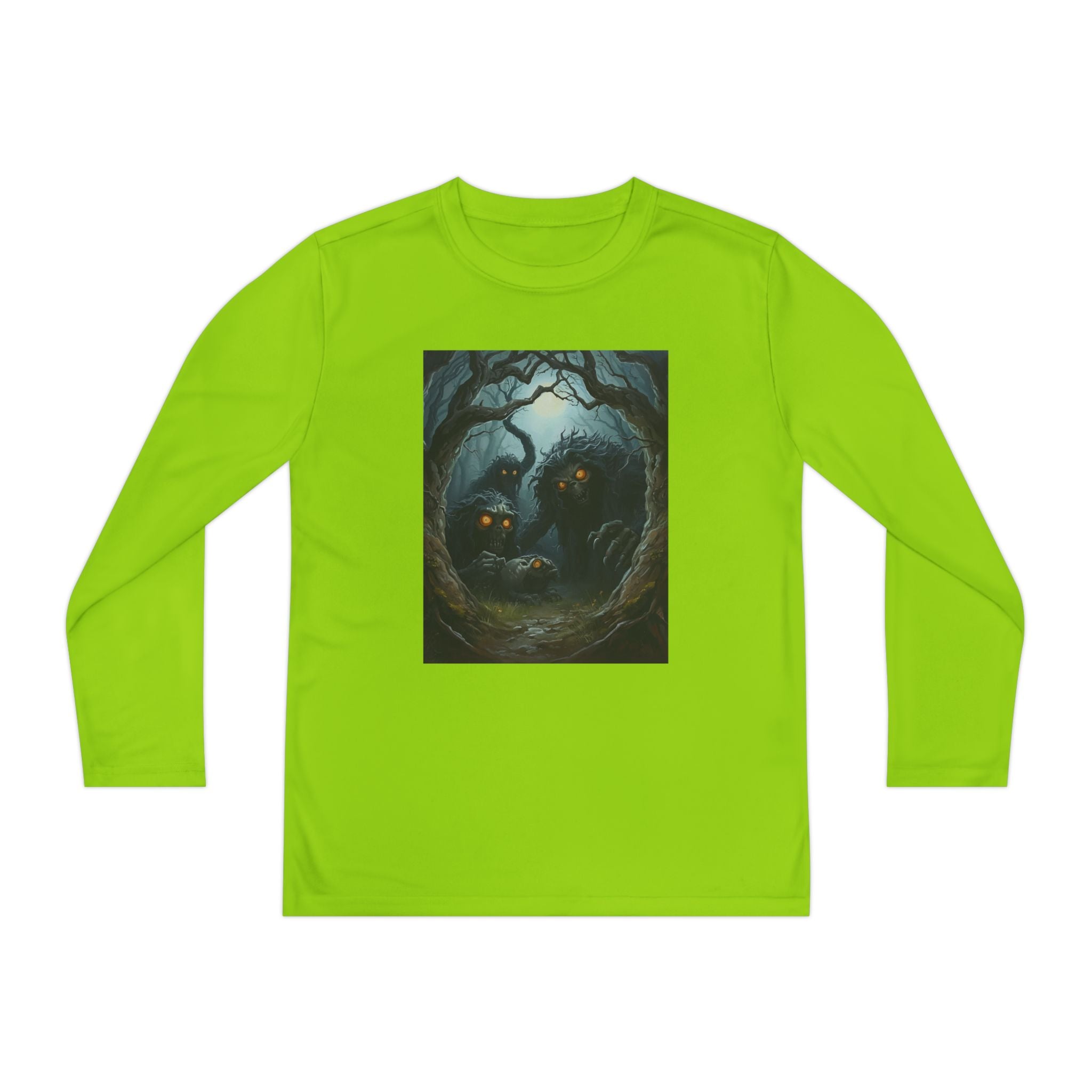 Spooky Forest Creatures Youth Long Sleeve Tee with Enchanted Forest Design, Comfortable Unisex T-Shirt for All Seasons, Perfect for Halloween and Nature Lovers