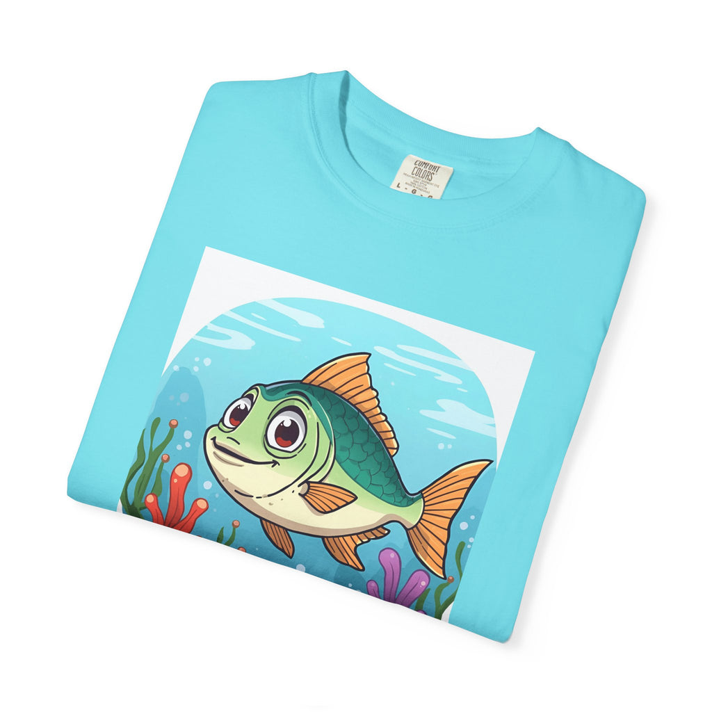 Here Fishy Fishy Fishy Colorful Fish-Themed Unisex T-Shirt, Fun Graphic Tee for Kids and Adults, Perfect for Summer, Fishing Trips, and Gift Giving