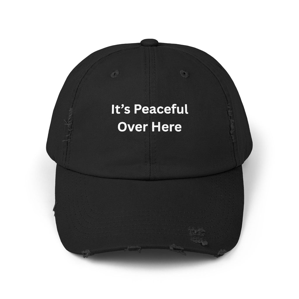 Unisex Distressed Cap with "It's Peaceful Over Here" - Casual Everyday Hat, Relaxation Gift, Trendy Accessory, Outdoor Wear, Fashion [...]