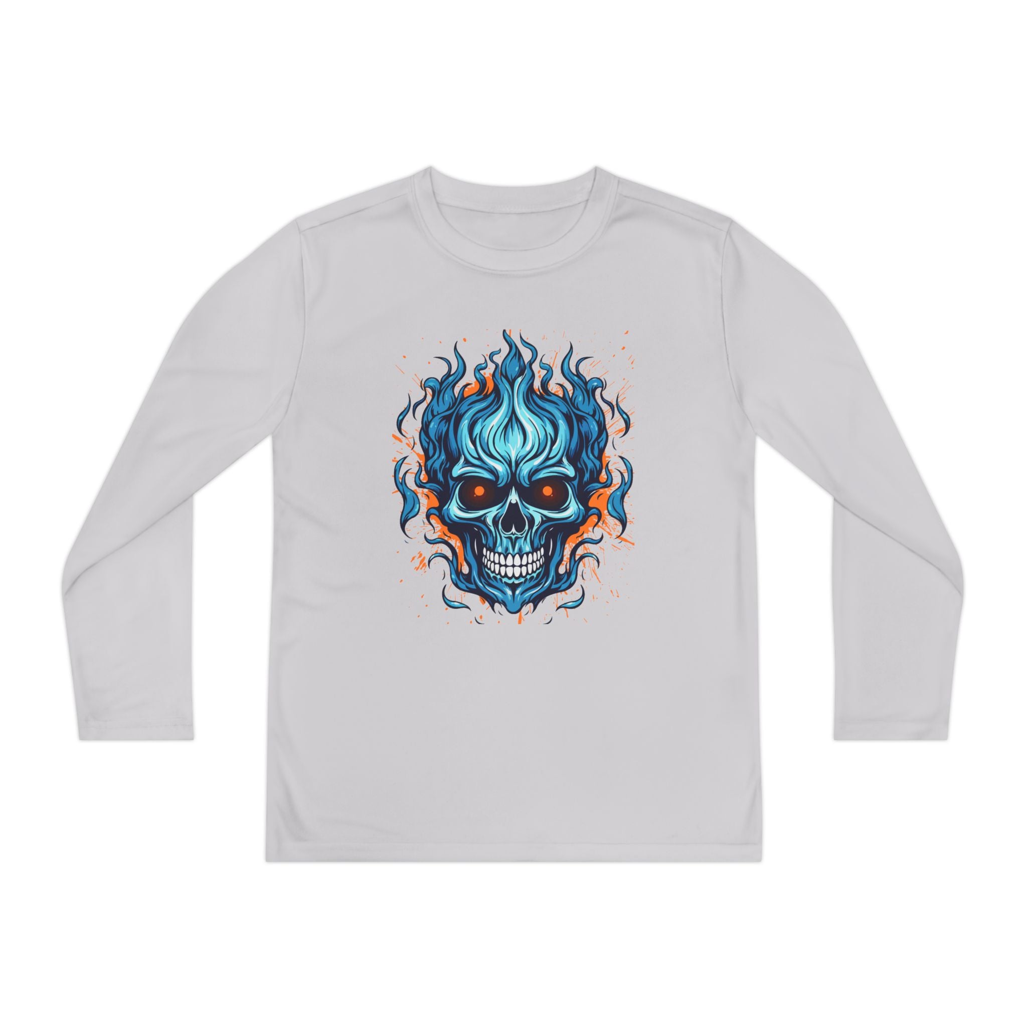 Skull Flame Youth Long Sleeve Skull Tee, Perfect for Halloween, Edgy Gift for Teens, Cozy Casual Wear, Skull Art Graphic Tee, Unique Birthday Present