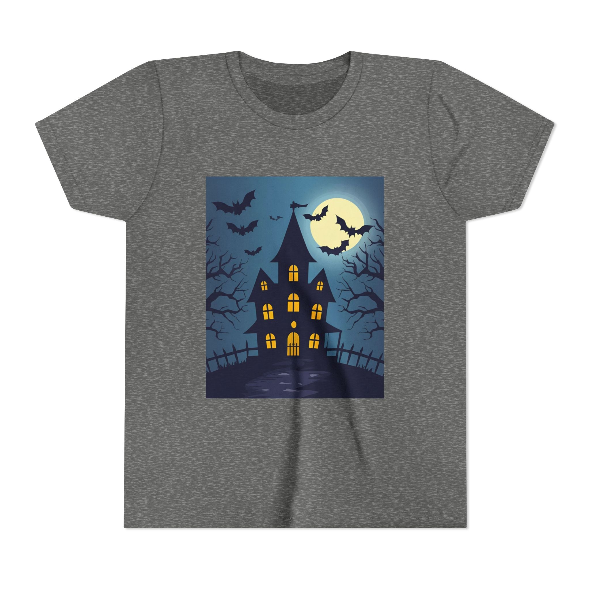 Spooky Halloween Haunted House Youth Tee, Kids Ghost T-Shirt, Haunted House Apparel, Bat Design Shirt, Trick or Treat Clothing