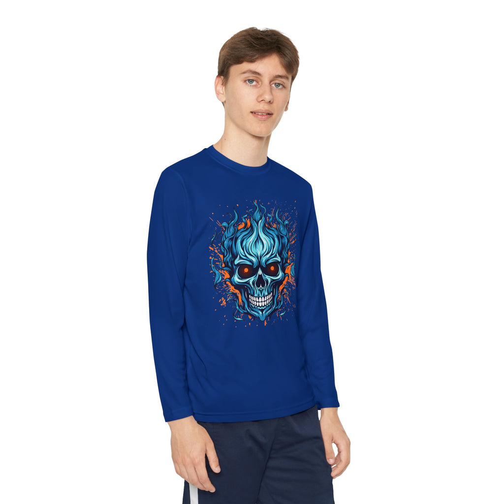 Skull Flame Youth Long Sleeve Skull Tee, Perfect for Halloween, Edgy Gift for Teens, Cozy Casual Wear, Skull Art Graphic Tee, Unique Birthday Present