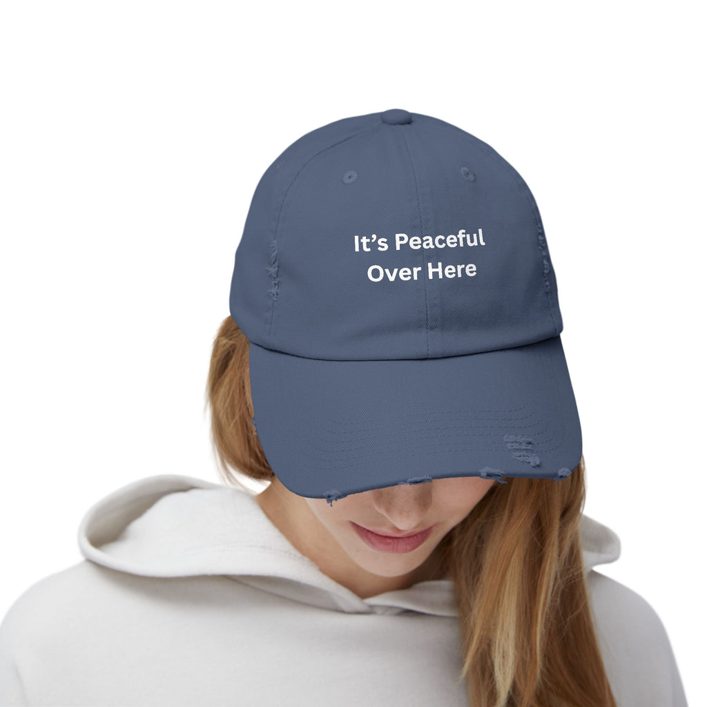 Unisex Distressed Cap with "It's Peaceful Over Here" - Casual Everyday Hat, Relaxation Gift, Trendy Accessory, Outdoor Wear, Fashion [...]