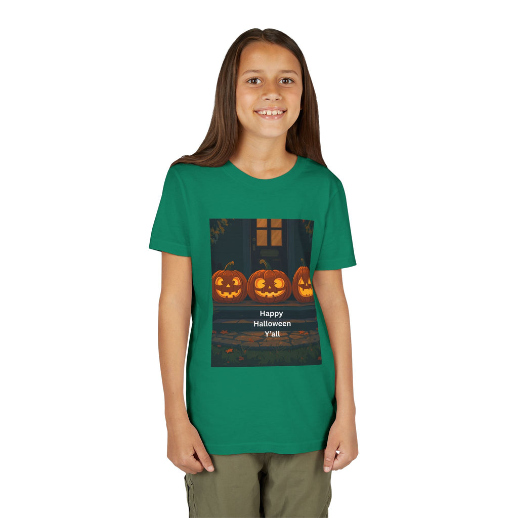 Halloween Pumpkin Youth Tee, Jack-o'-lantern Shirt, Trick or Treat Apparel, Spooky Kids T-Shirt, Halloween Costume Top