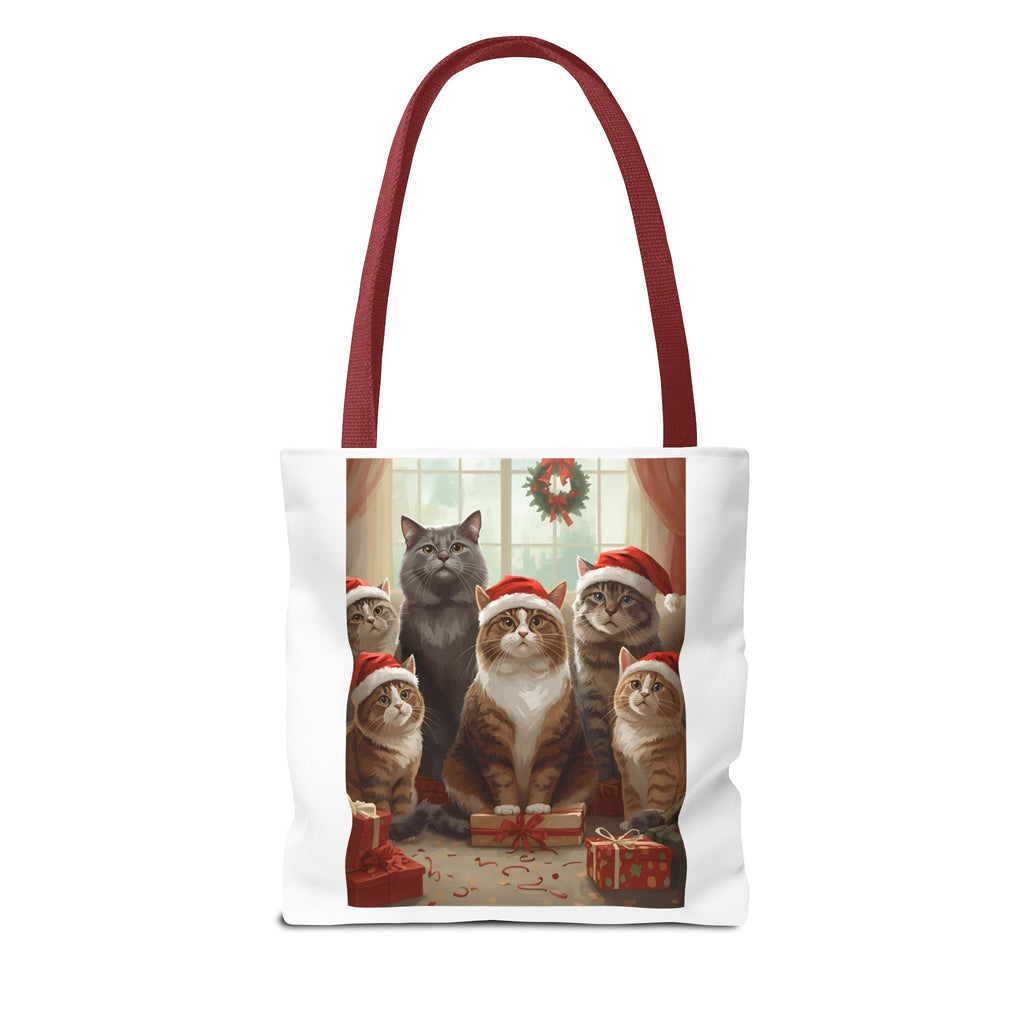 Cute Christmas Festive Cat Tote Bag, Christmas Gift, Holiday Shopping Bag, Cute Cat Lover Bag, AOP Tote for Cat Enthusiasts