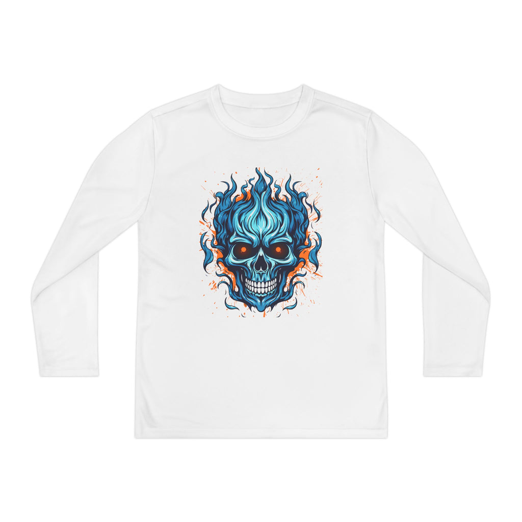 Skull Flame Youth Long Sleeve Skull Tee, Perfect for Halloween, Edgy Gift for Teens, Cozy Casual Wear, Skull Art Graphic Tee, Unique Birthday Present