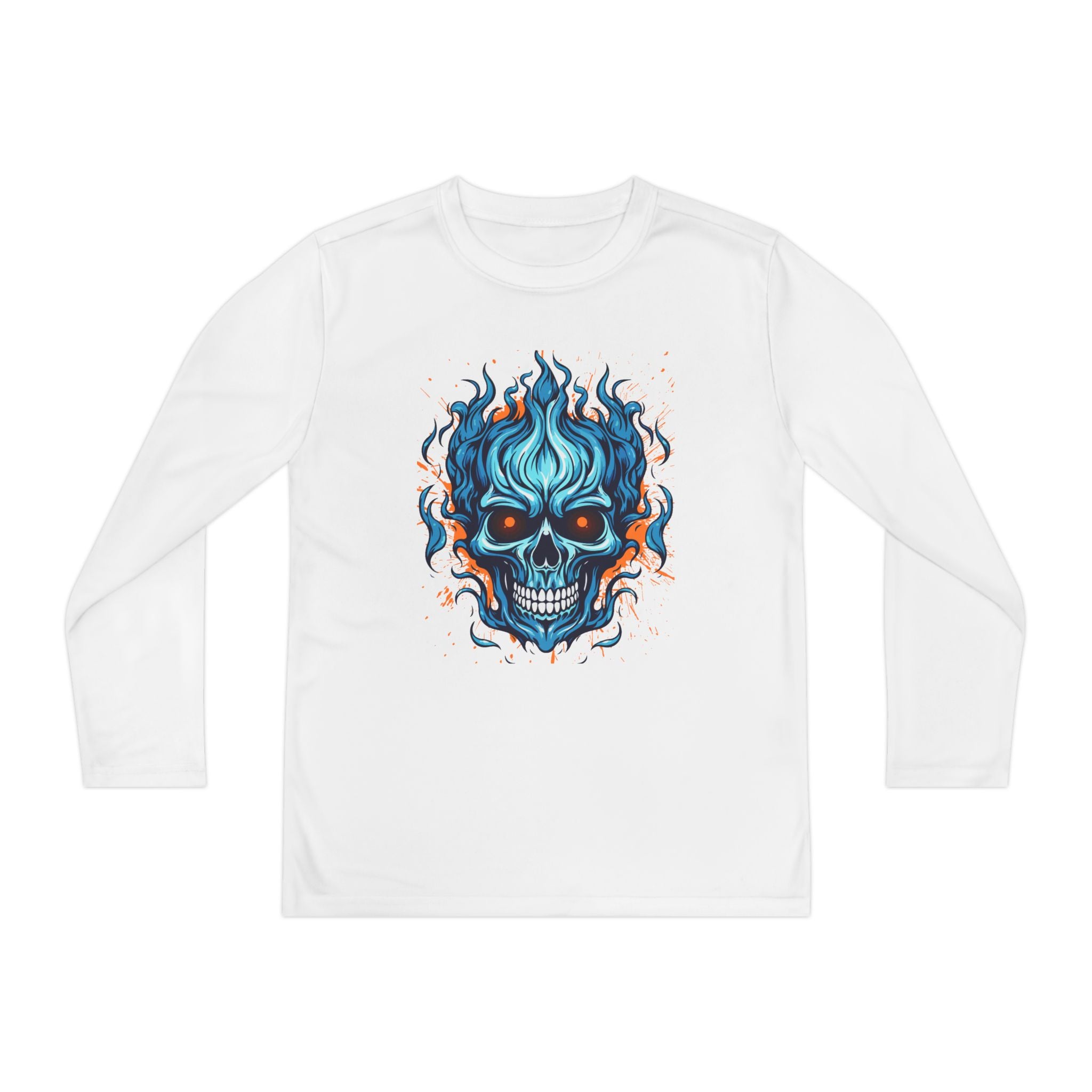 Skull Flame Youth Long Sleeve Skull Tee, Perfect for Halloween, Edgy Gift for Teens, Cozy Casual Wear, Skull Art Graphic Tee, Unique Birthday Present