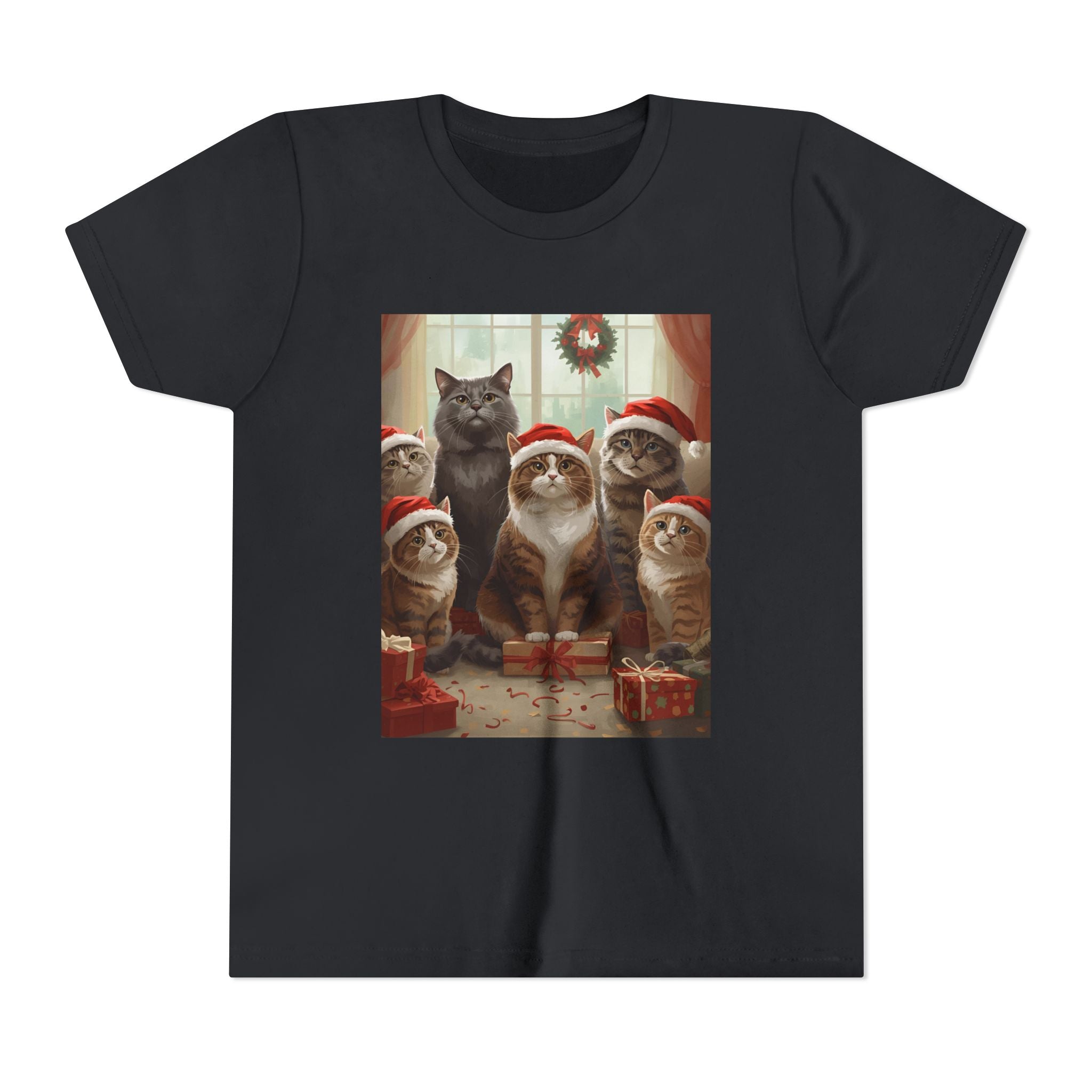 Cute Festive Christmas Cat Youth Short Sleeve Tee