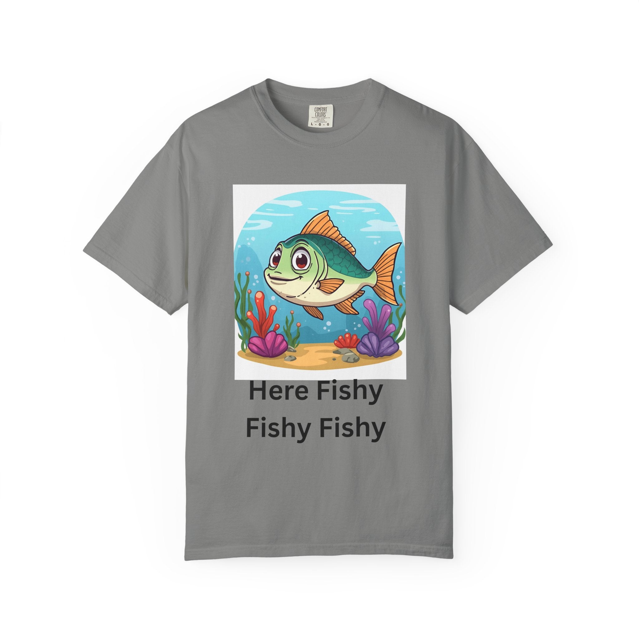 Here Fishy Fishy Fishy Colorful Fish-Themed Unisex T-Shirt, Fun Graphic Tee for Kids and Adults, Perfect for Summer, Fishing Trips, and Gift Giving