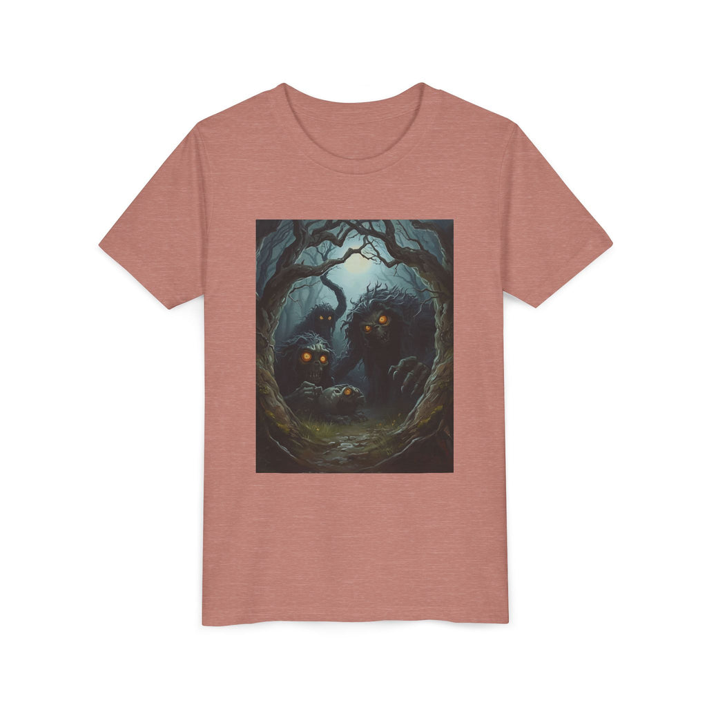 Spooky Mystical Forest Creatures Youth Tee, Cool Graphic T-Shirt, Kids Nature Shirt, Unique Gift for Boys & Girls, Perfect for Halloween