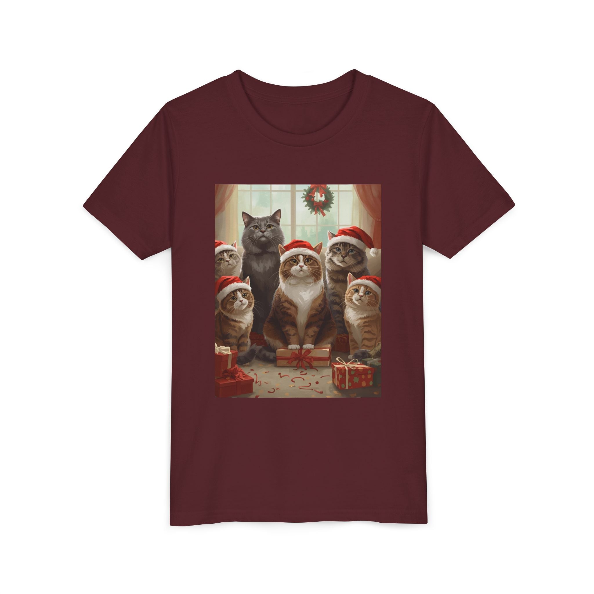 Cute Festive Christmas Cat Youth Short Sleeve Tee