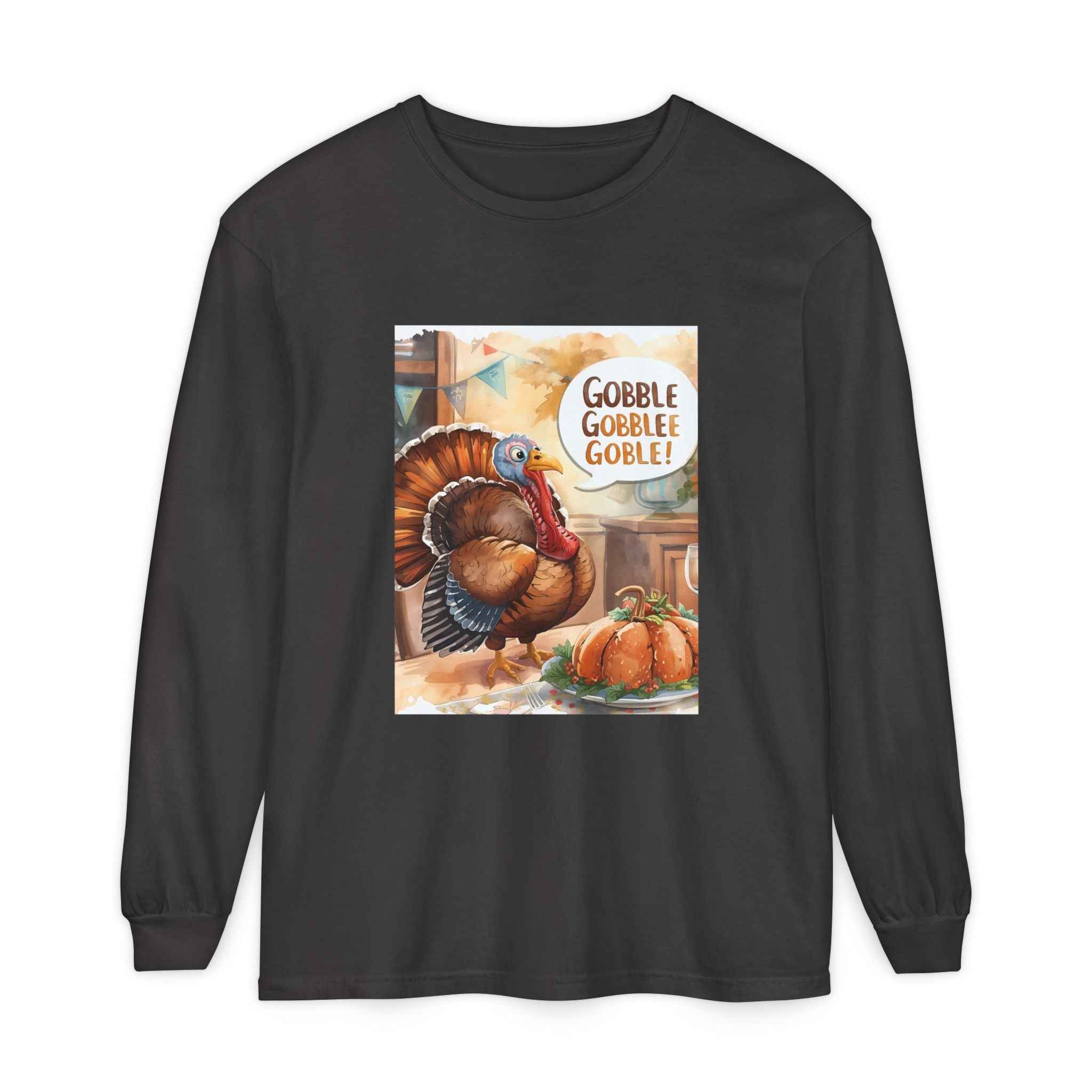 Thanksgiving Long Sleeve T-Shirt with Turkey Design, Fall Apparel, Holiday Gift, Family Gathering Shirt, Gobble Gobble Tee