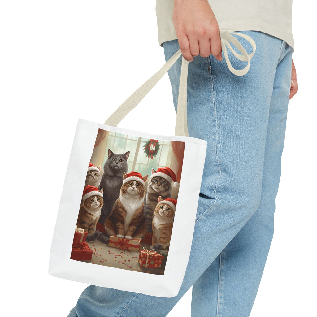 Cute Christmas Festive Cat Tote Bag, Christmas Gift, Holiday Shopping Bag, Cute Cat Lover Bag, AOP Tote for Cat Enthusiasts