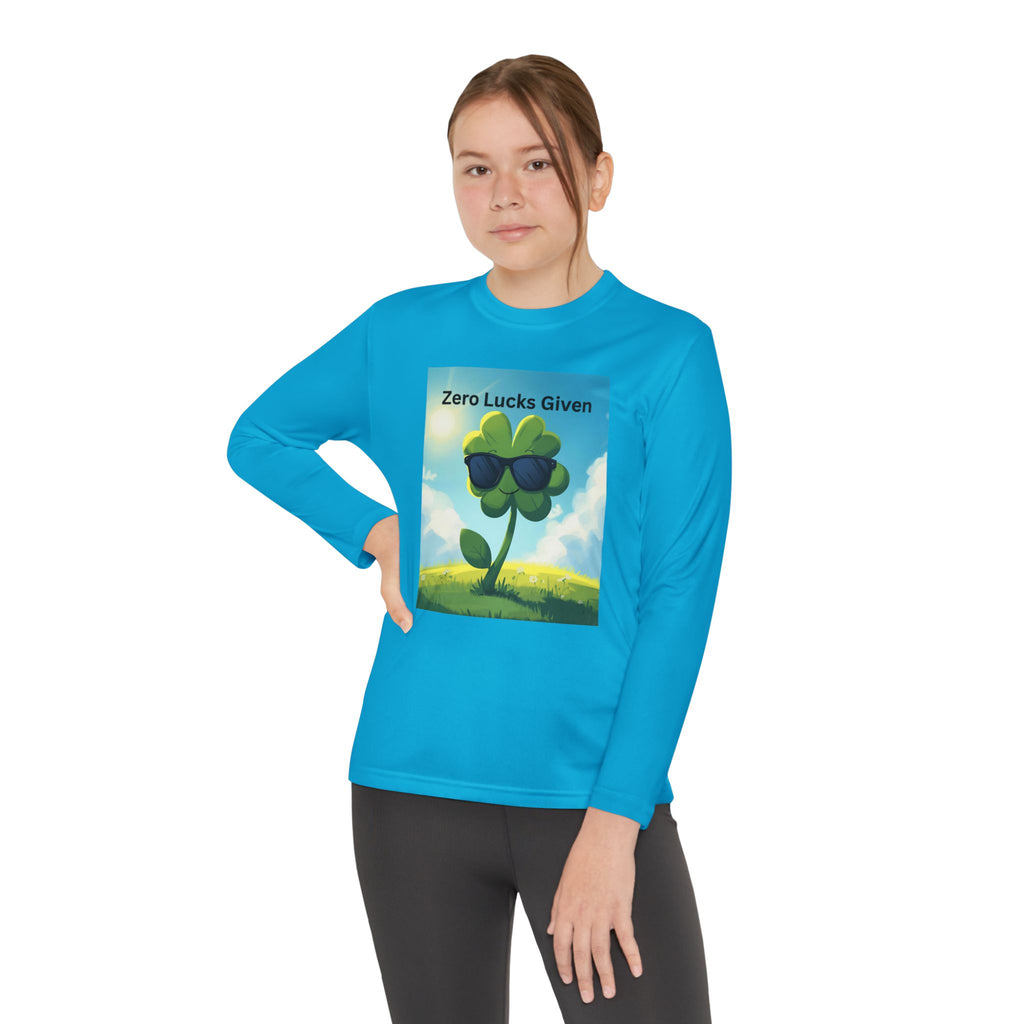 Zero Lucks Given Youth Long Sleeve Tee, Fun Graphic Shirt, Clover Print Top, Gift for Kids, Statement Tee, Birthday Gift