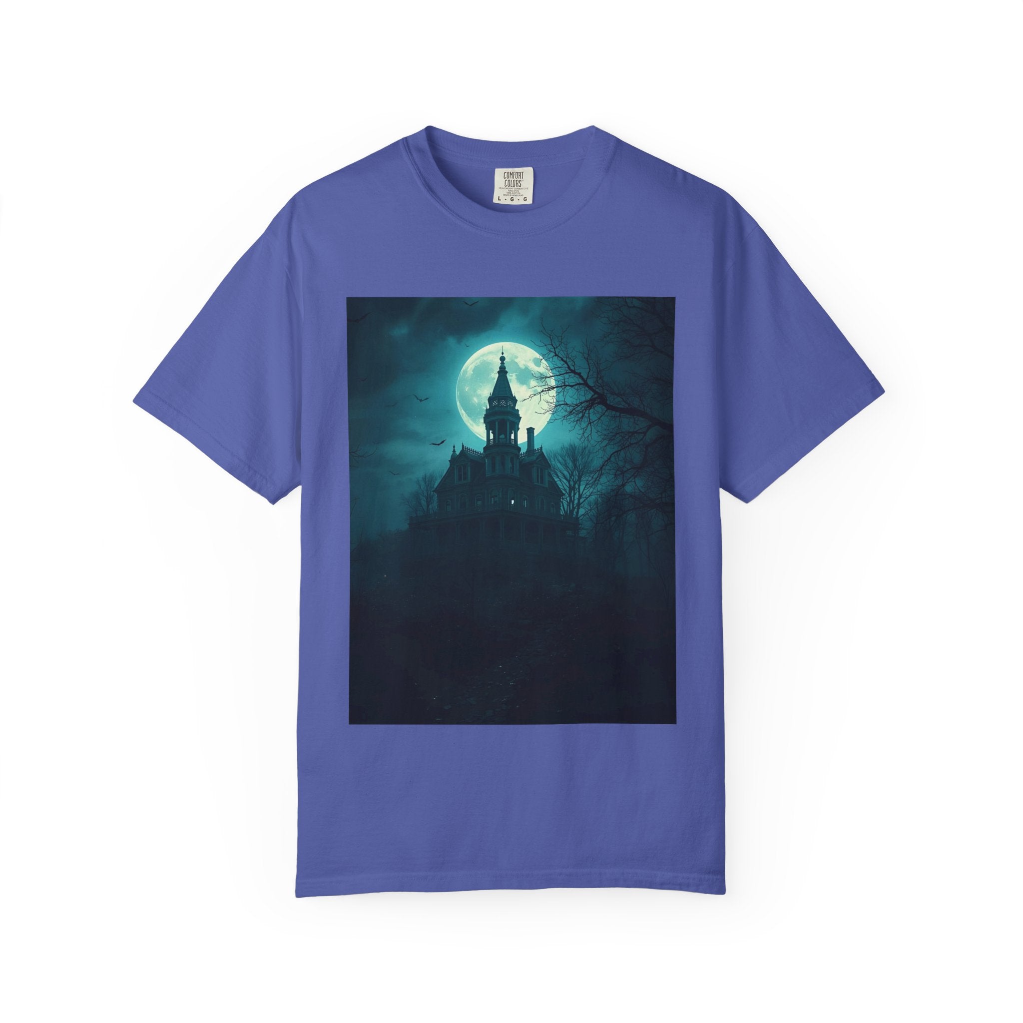 Haunted Moonlight Spooky Castle Graphic Tee | Unisex Garment-Dyed T-shirt, Halloween Shirt, Graphic Tee, Casual Wear, Gift for Ghost Lovers