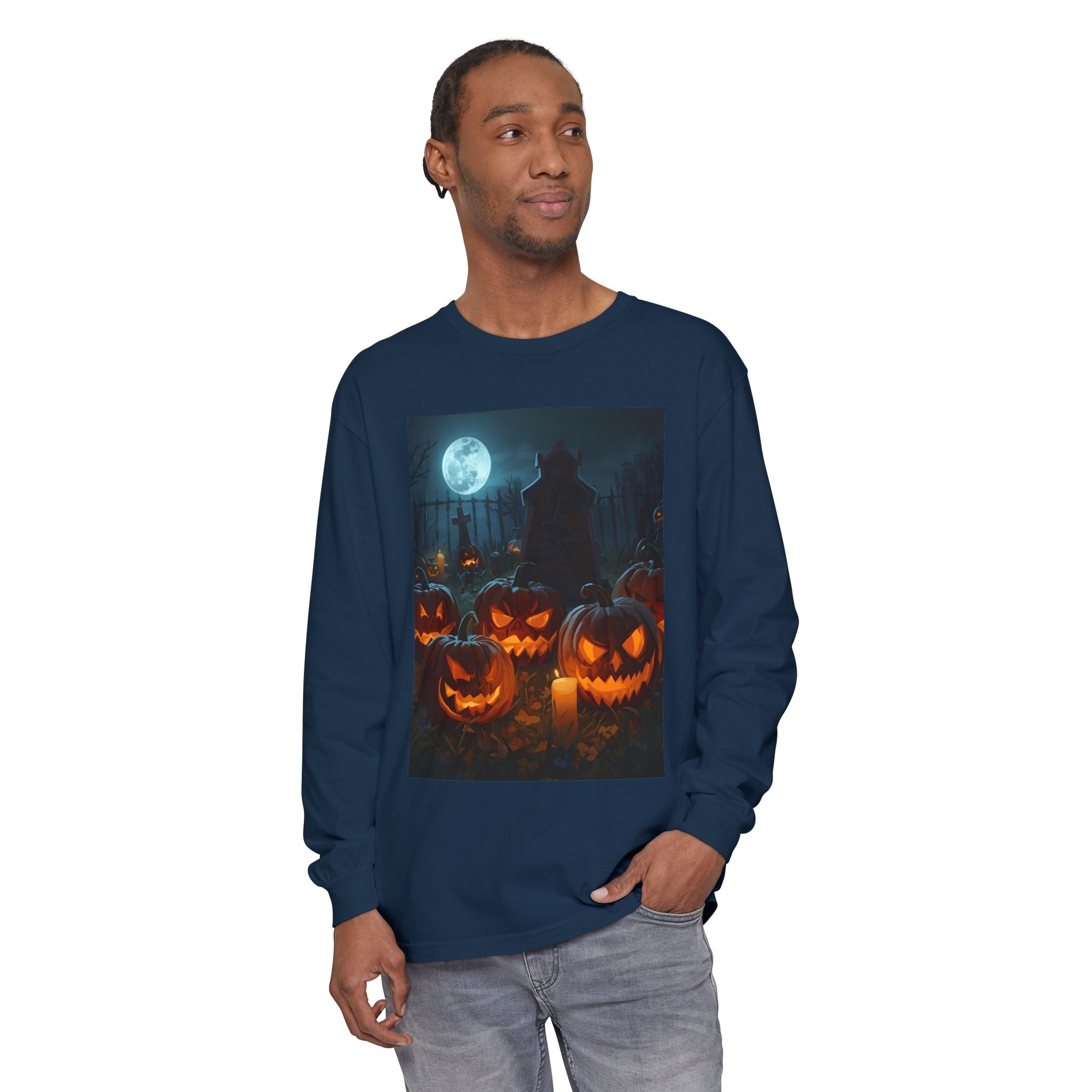 Scary Halloween Pumpkin Unisex Garment-dyed Long Sleeve T-Shirt