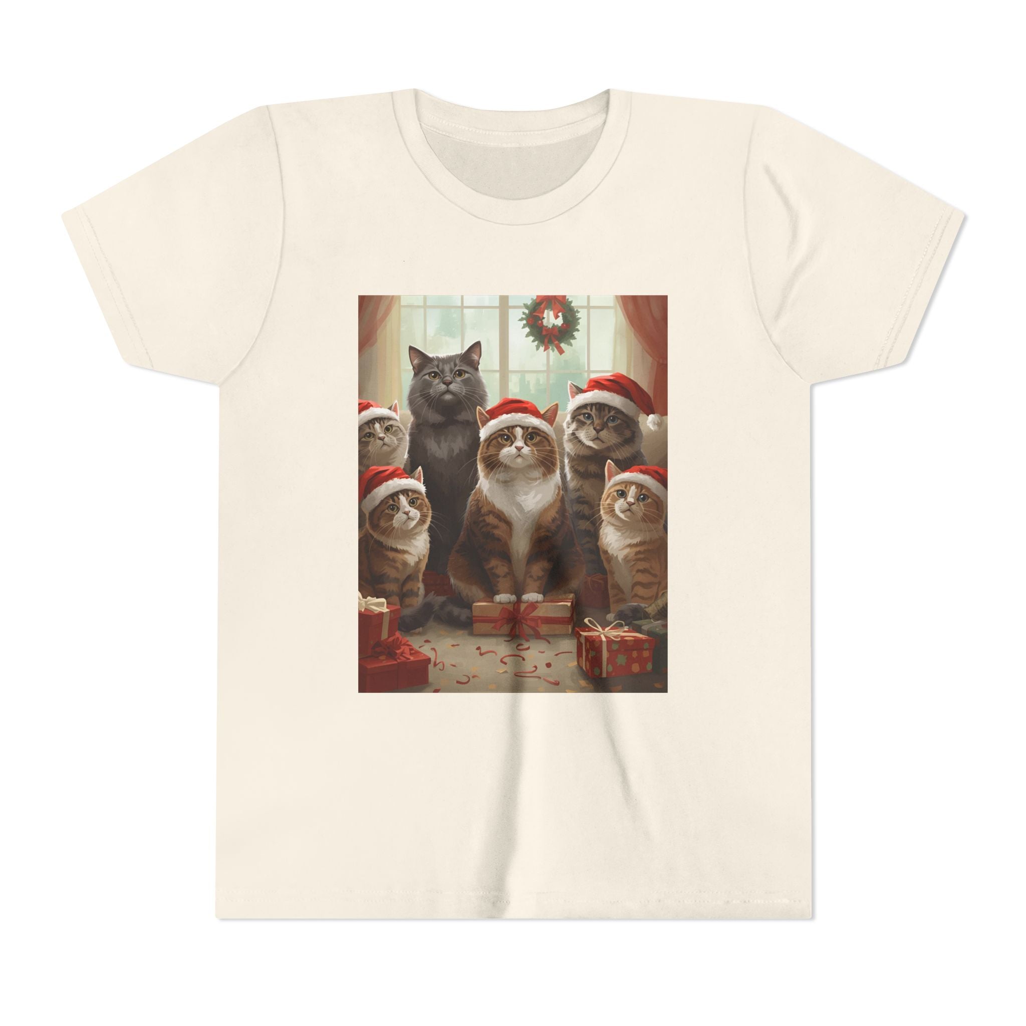 Cute Festive Christmas Cat Youth Short Sleeve Tee