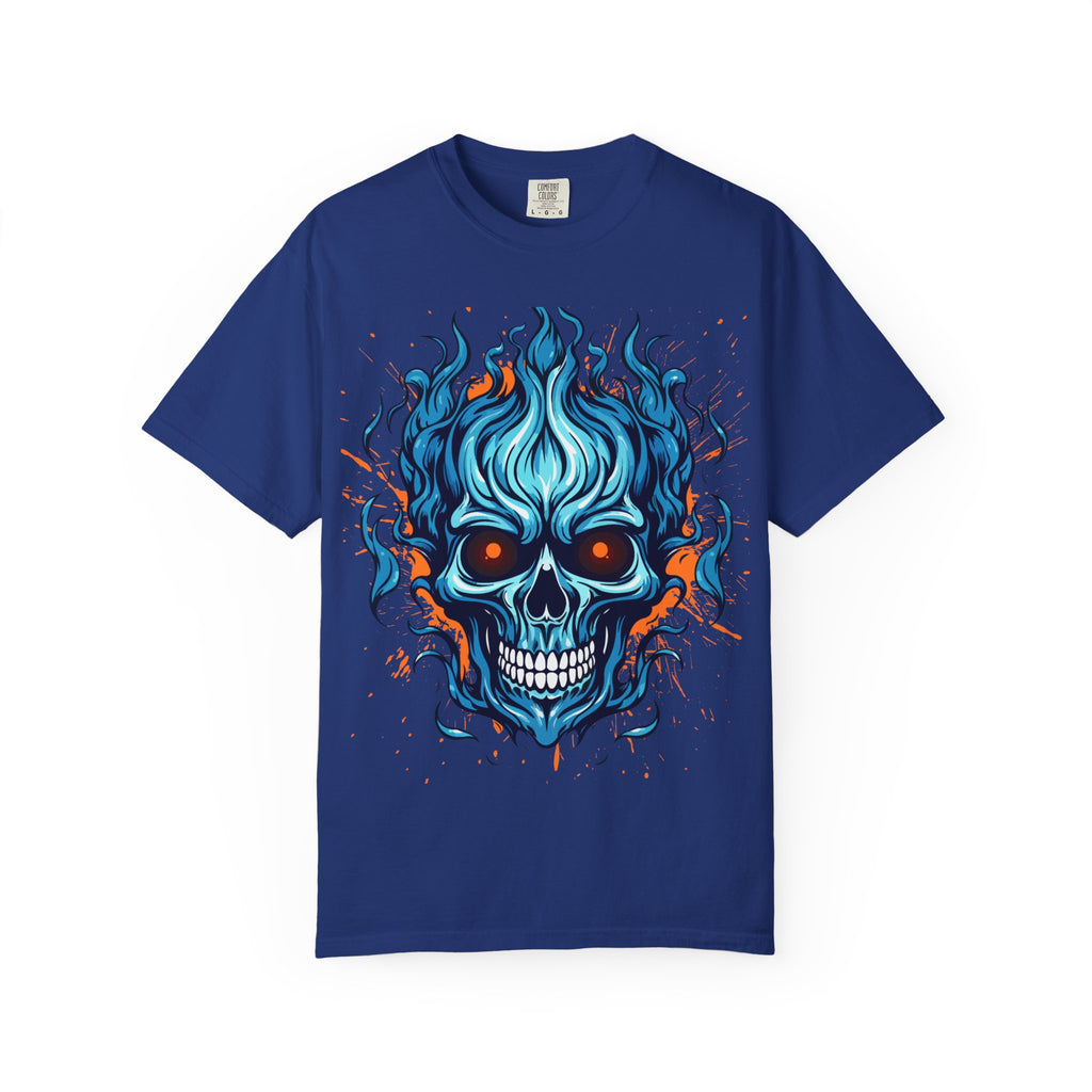 Flaming Skull T-Shirt, Unisex Graphic Tee, Edgy Casual Wear, Halloween Apparel, Gift for Rock Music Fans