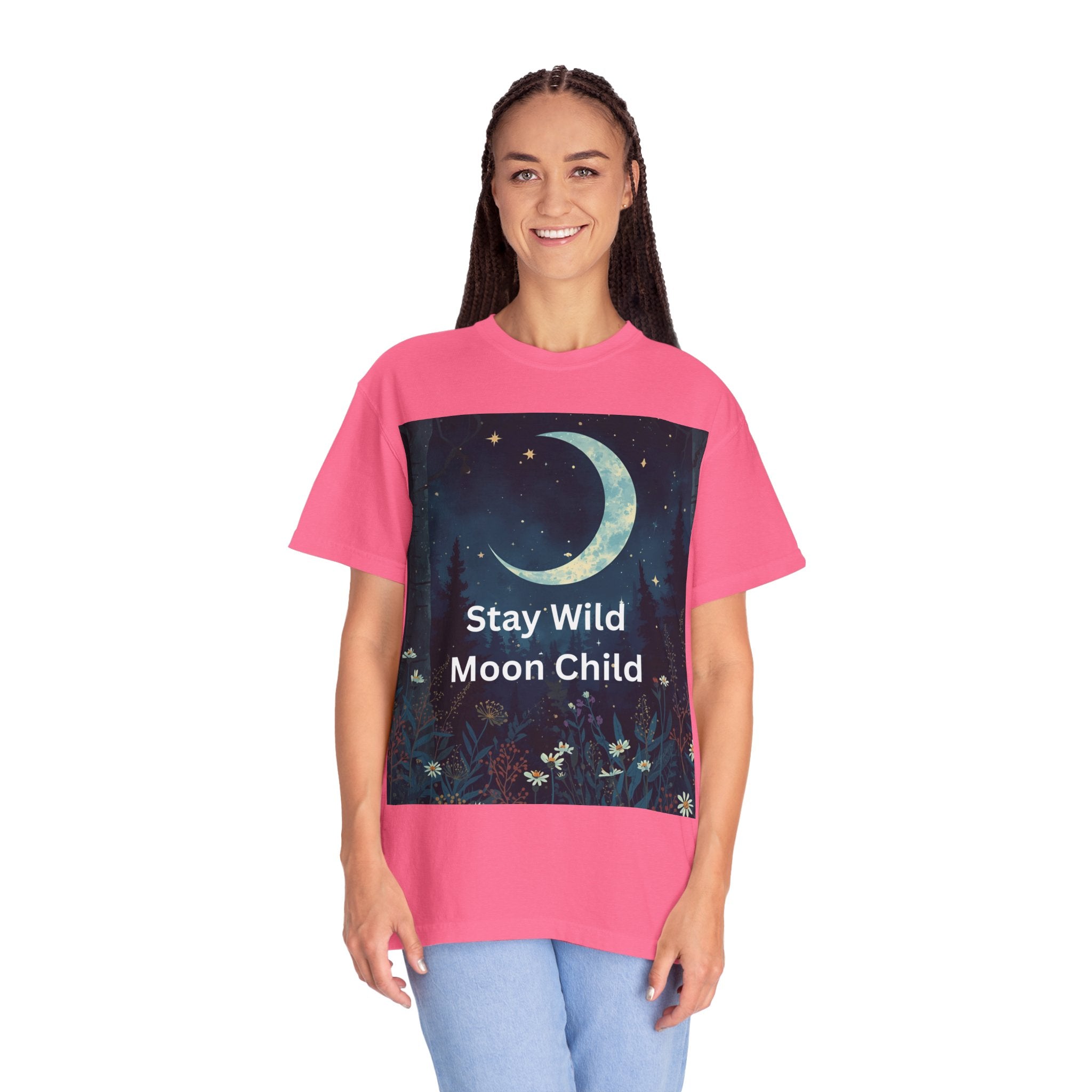 Stay Wild Moon Child Garment-Dyed T-Shirt | Unisex Graphic Tee for Nature Lovers, Boho Style, Gift for Friends, Eco-Friendly Fashion