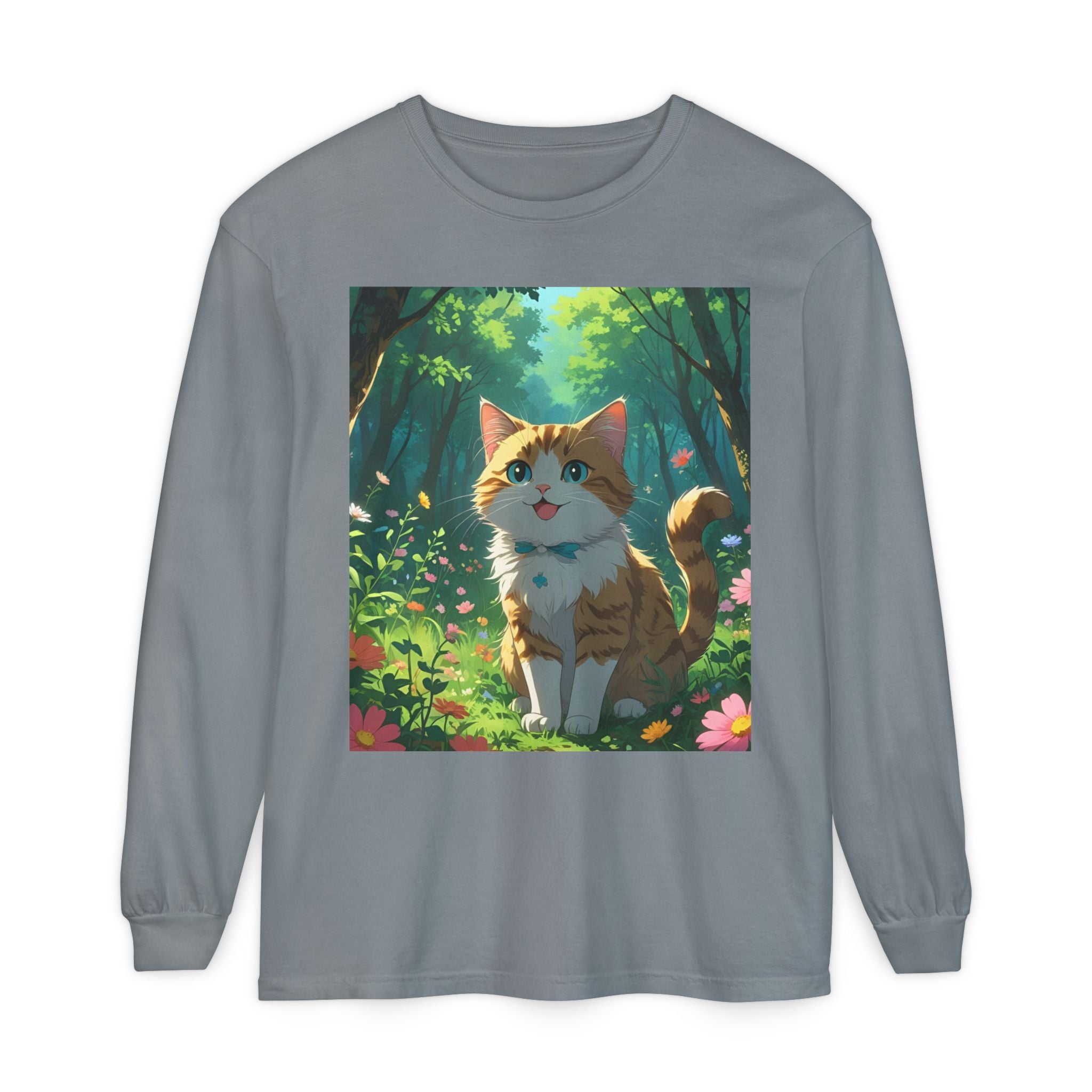 Whimsical Cat In Forest Long Sleeve T-Shirt - Perfect for Cat Lovers, Nature Enthusiasts, Gifts, Cozy Wear, Everyday Style